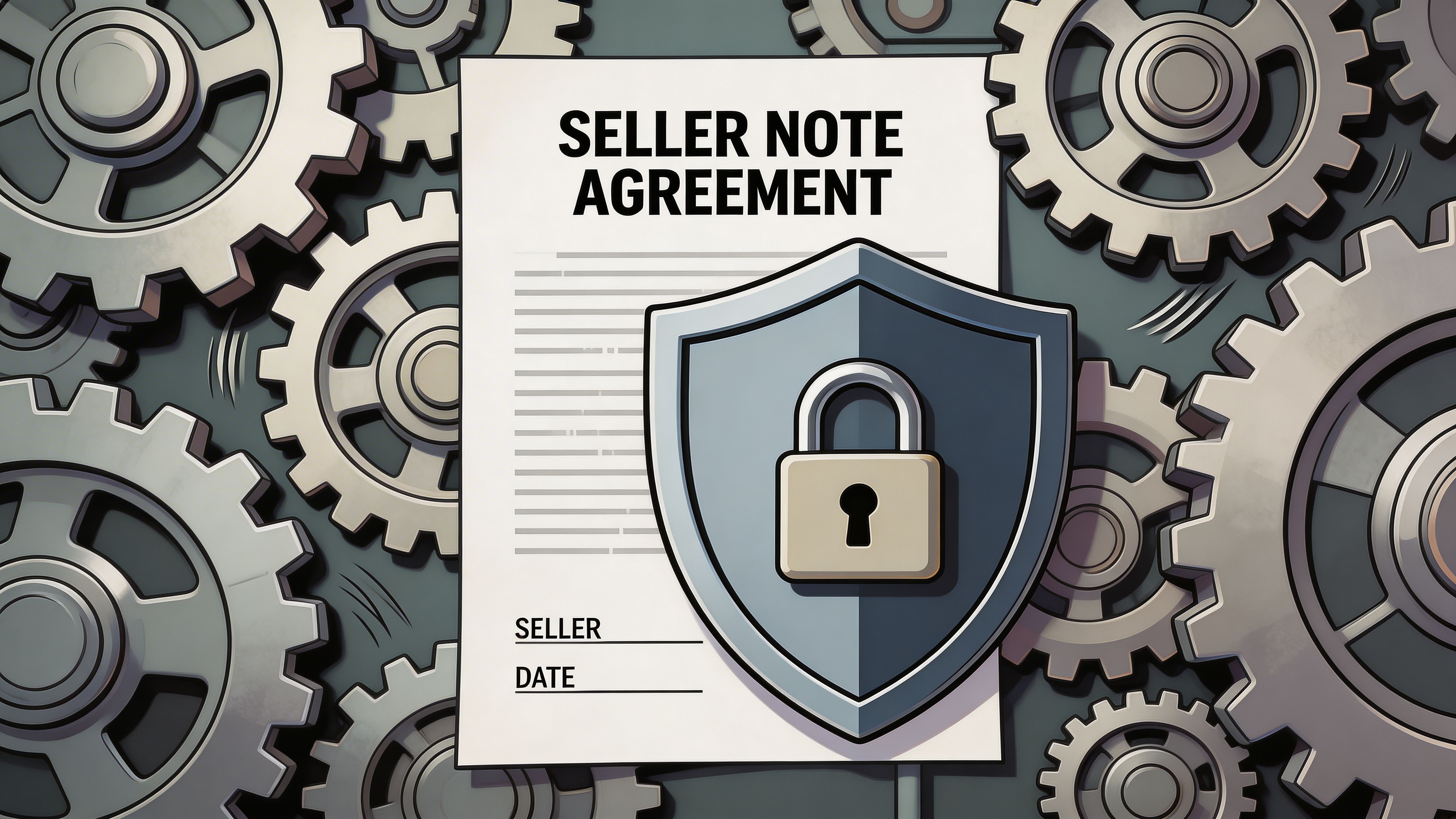 A document titled Seller Note Agreement protected by a shield and padlock against a mechanical gear background.