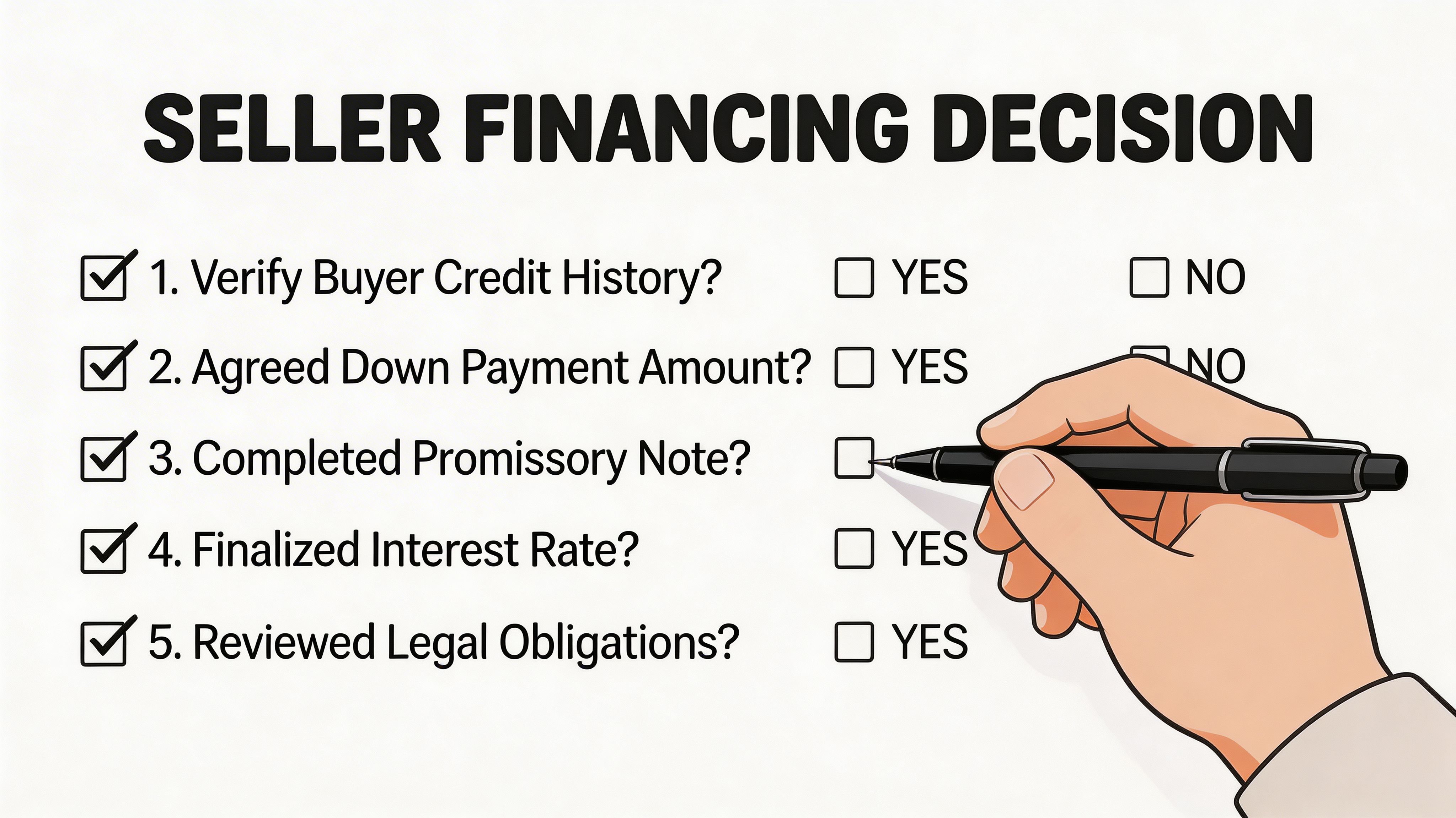 A hand holding a pen to check off a seller financing decision checklist on a document.