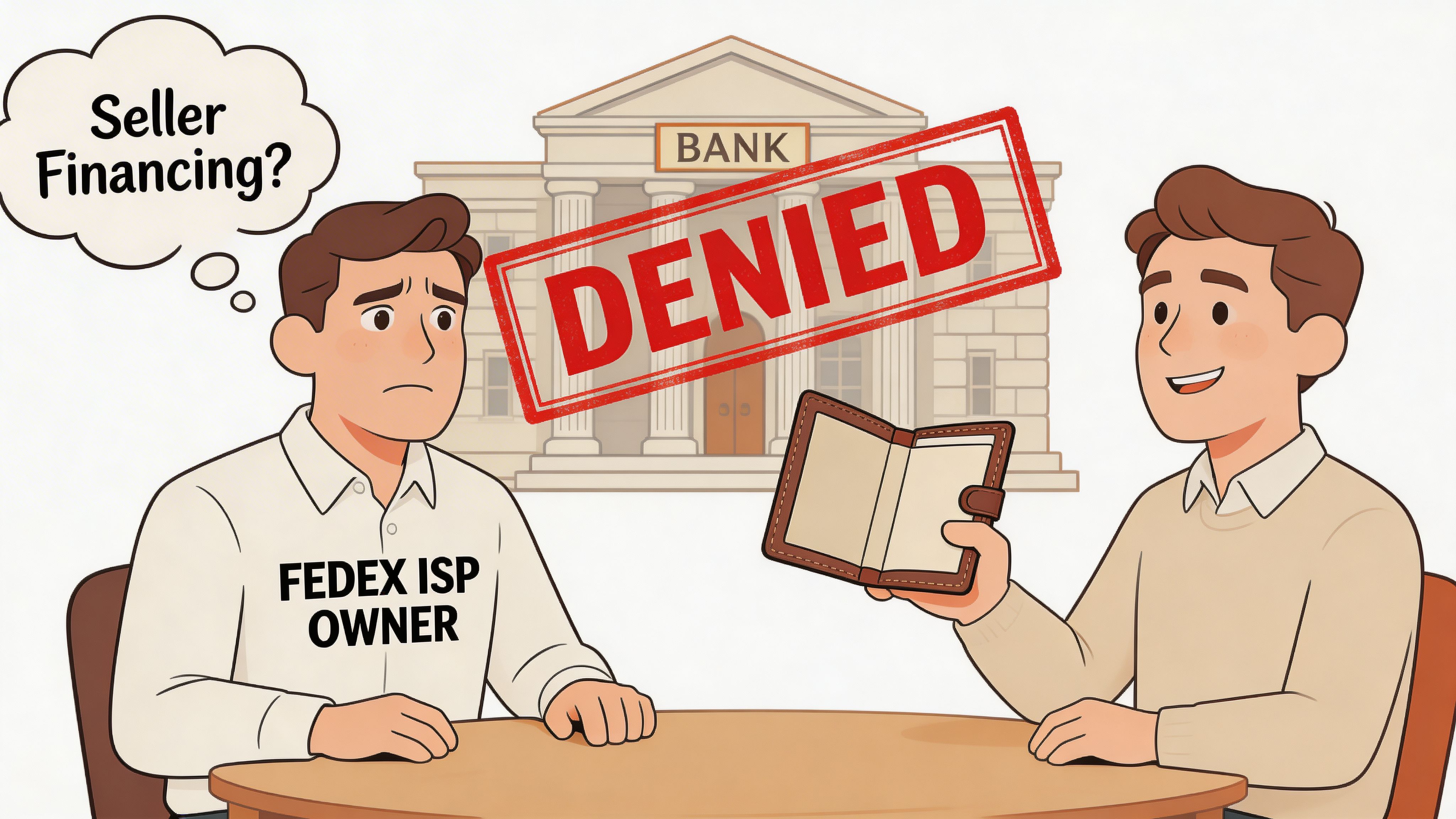 A FedEx ISP owner looks worried while considering seller financing after a bank loan is denied.