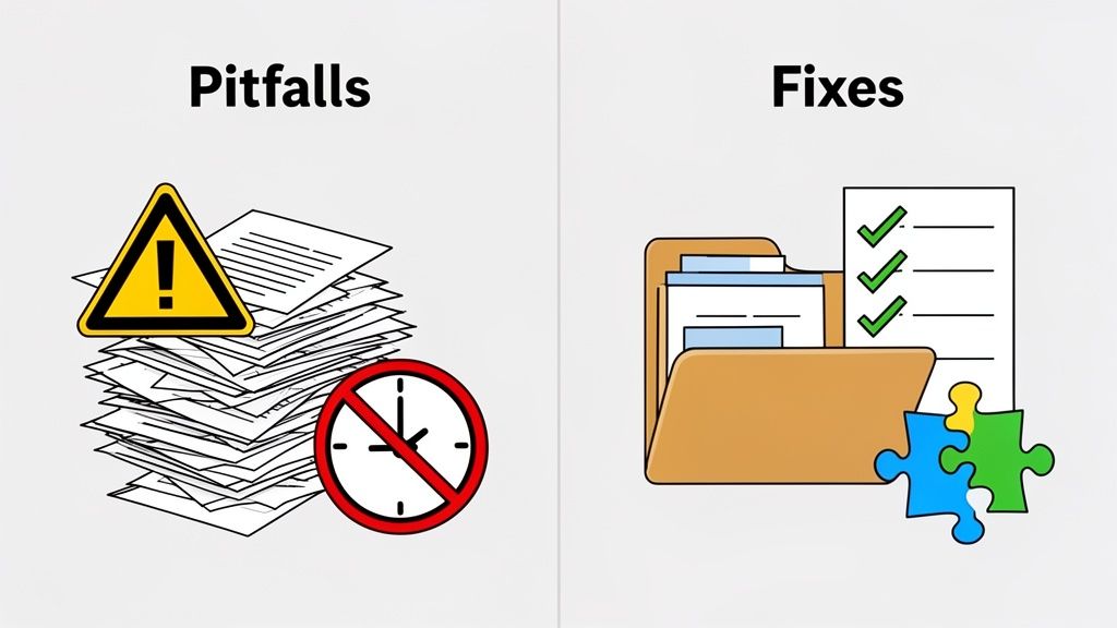 Illustration contrasting pitfalls like messy documents and time pressure with fixes such as organized files, checklists, and puzzle solutions.
