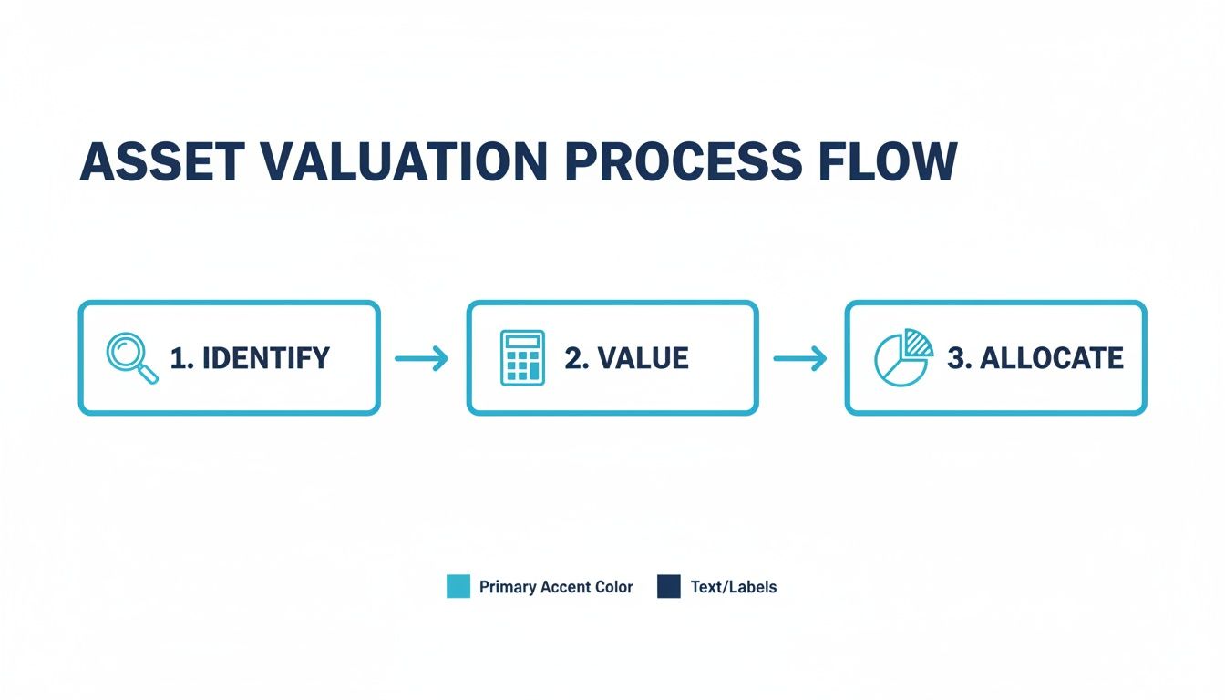 An asset valuation process flow diagram illustrating three key steps: identify, value, and allocate.