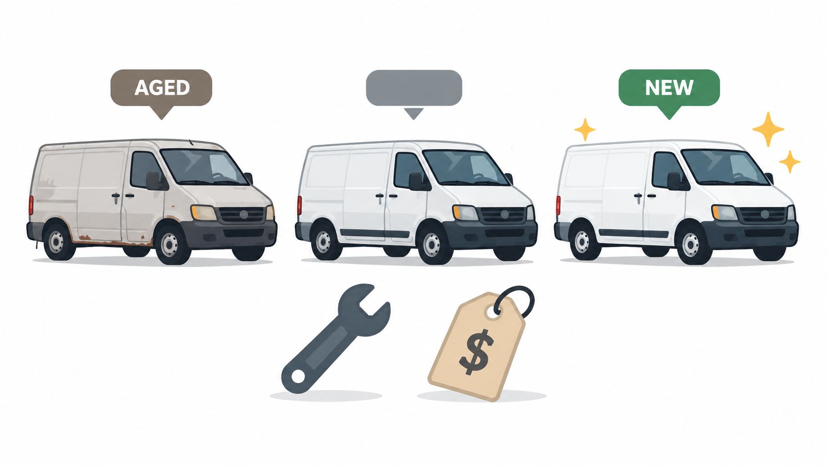 A conceptual illustration showing three stages of a white delivery van representing aging, maintenance, and renewal.