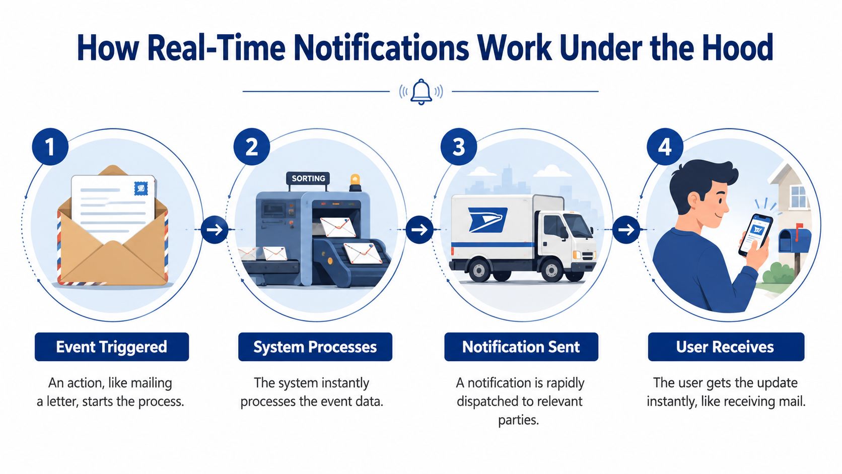 An infographic illustrating the four-step process of how real-time notifications function, from event trigger to user receipt.