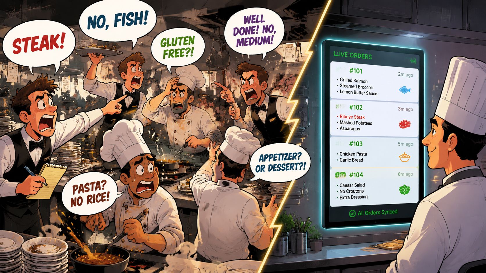 A chaotic restaurant kitchen contrast with a calm chef viewing digital real time order notifications on screen.
