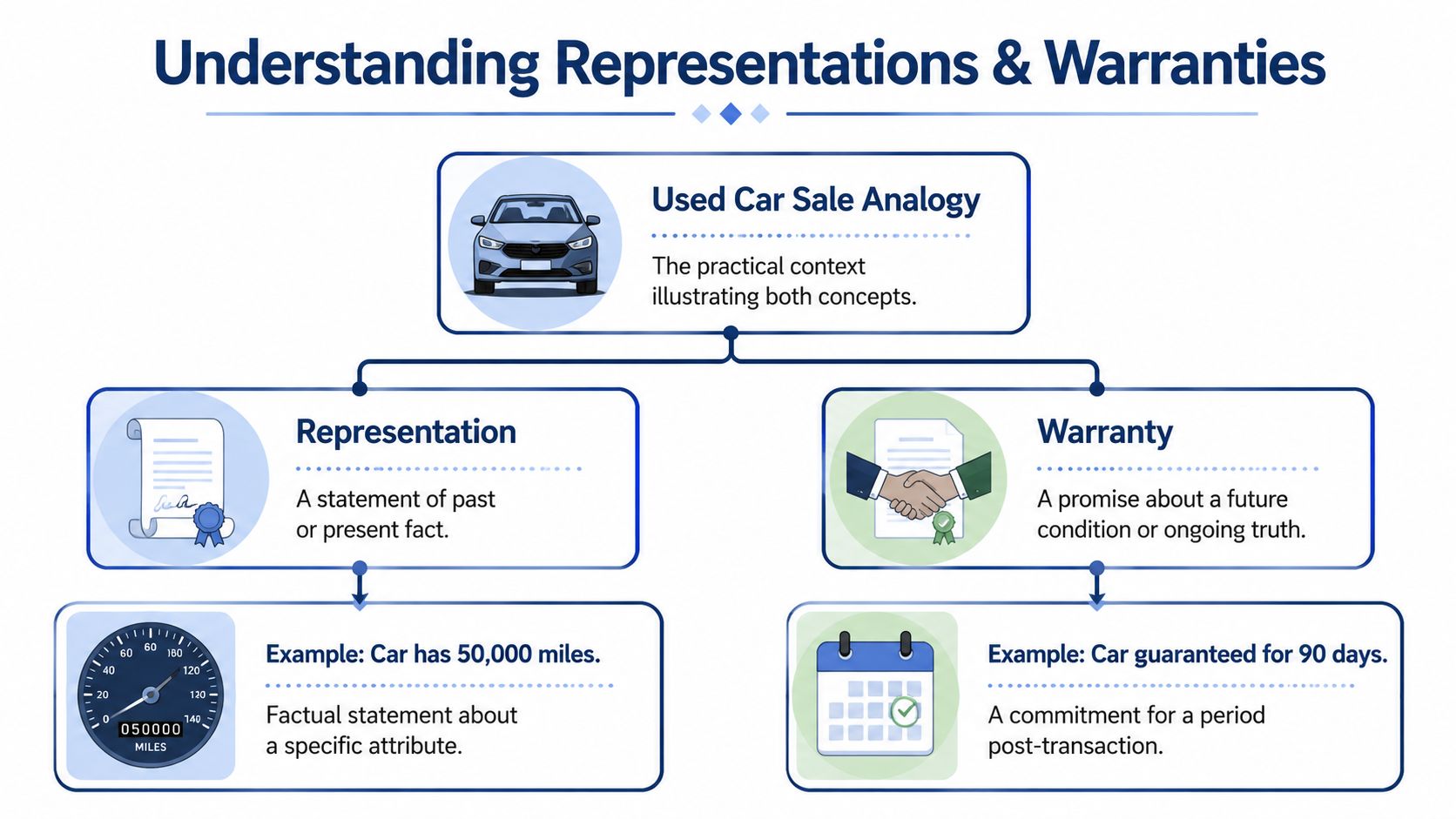 A diagram explaining the difference between representations and warranties using a used car sale example.