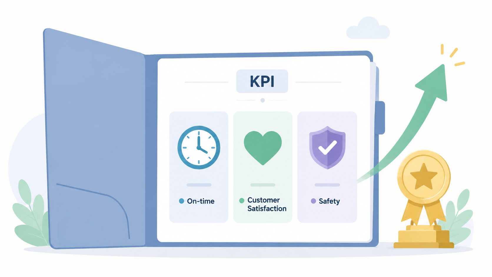 An open folder displaying a KPI dashboard with icons for on-time delivery, customer satisfaction, and safety.