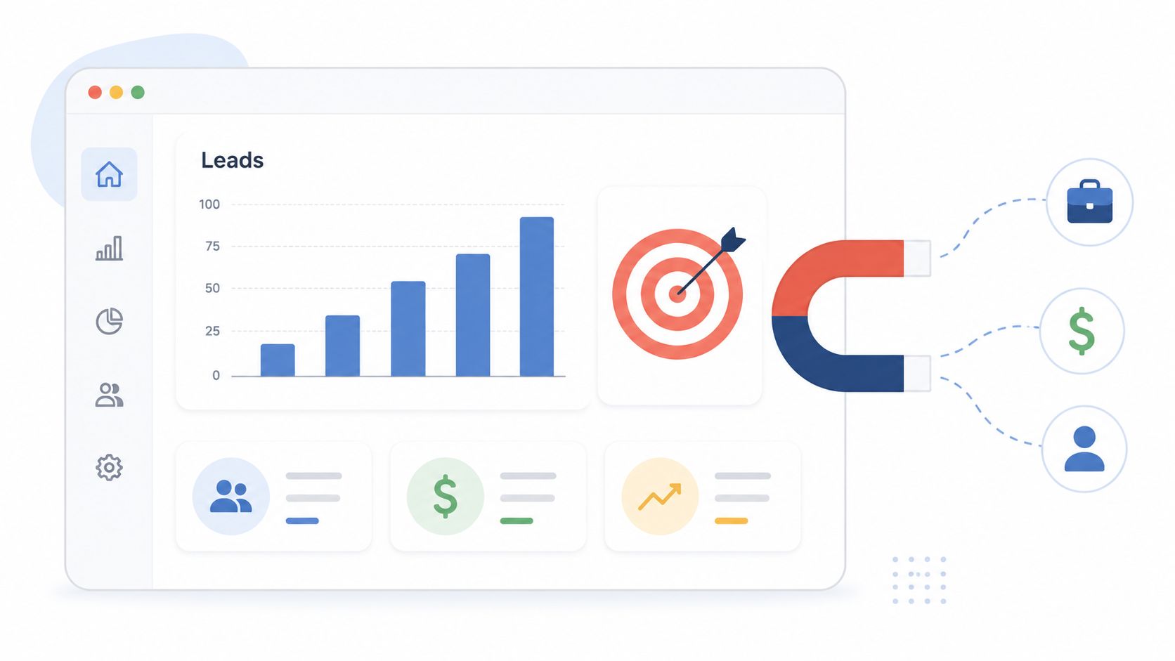 A marketing dashboard illustration featuring a bar chart of growing leads, a target, and a magnetic attraction icon.
