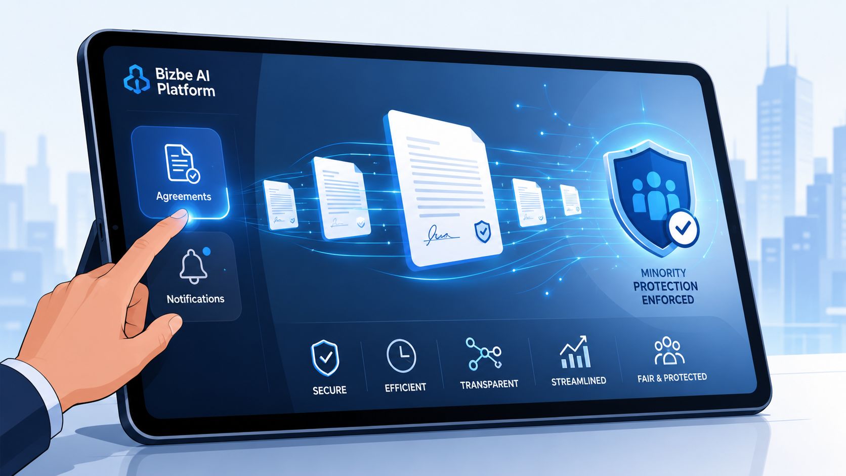 A digital tablet displaying a corporate AI platform interface showing contract management and minority shareholder protection concepts.