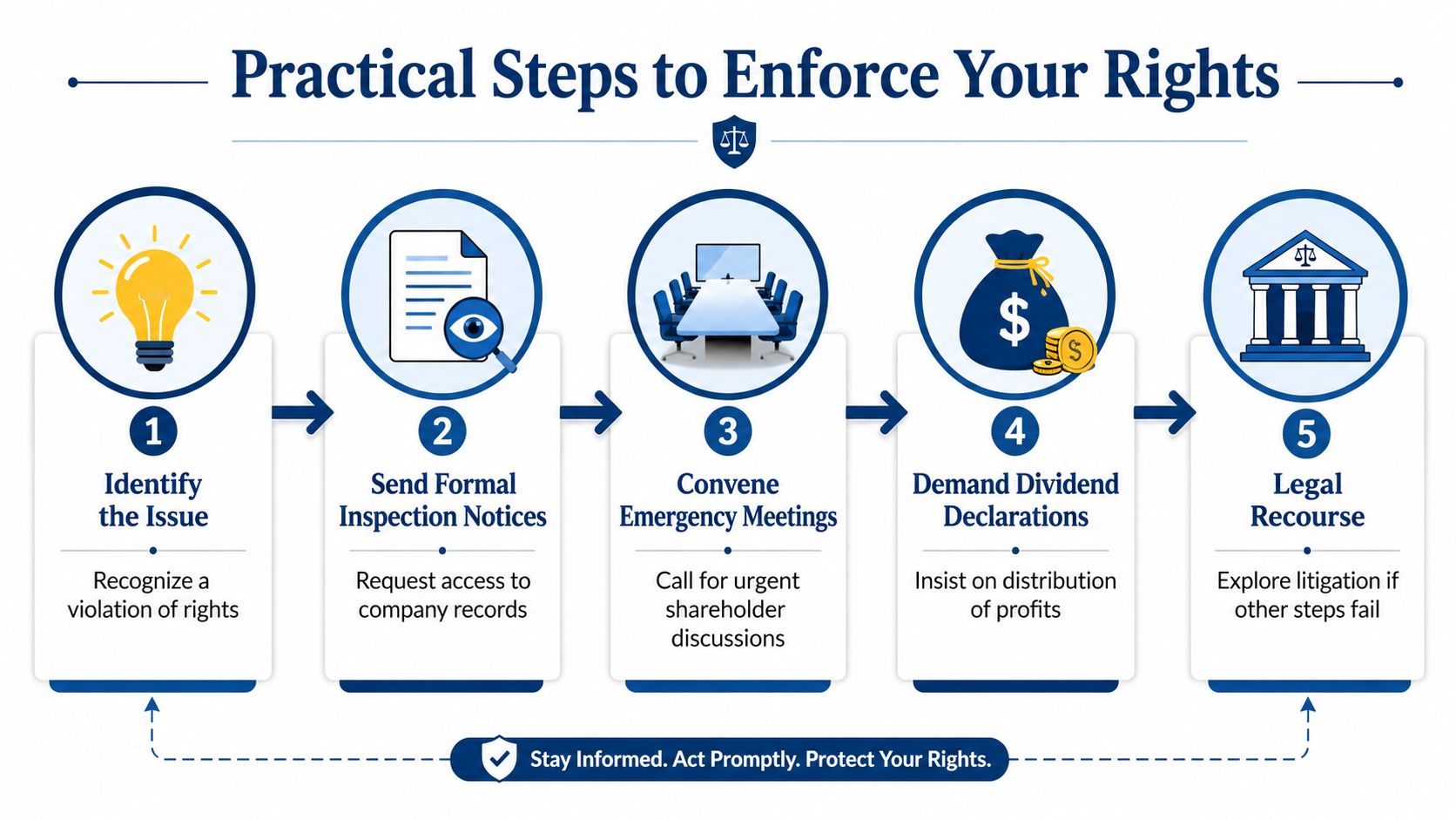 An infographic showing five practical steps for minority shareholders to enforce their rights and legal protection.