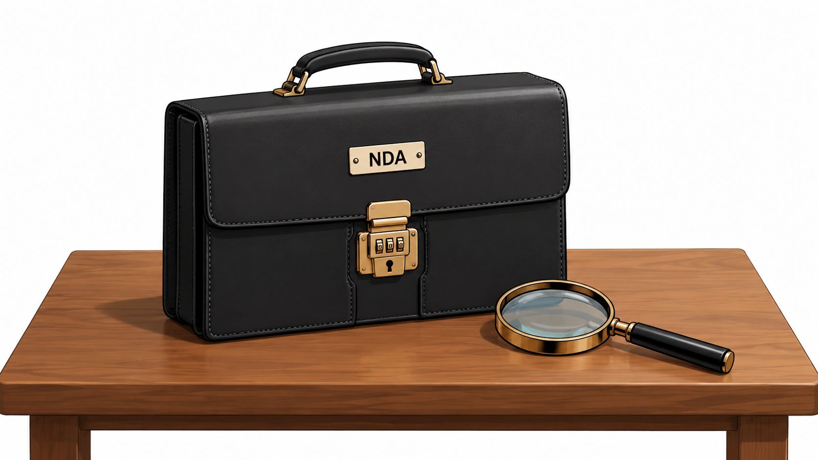 A black briefcase labeled NDA sits next to a magnifying glass on a wooden table surface.
