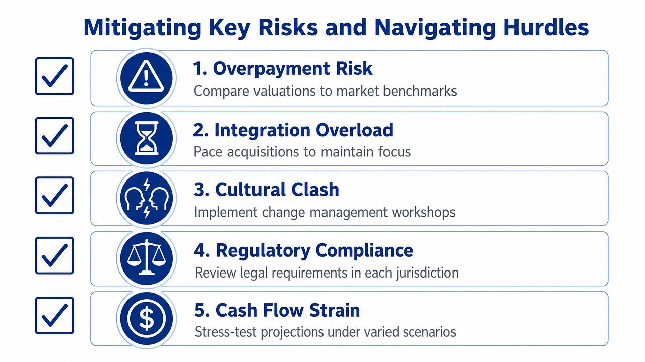 A list titled Mitigating Key Risks and Navigating Hurdles displaying five common business acquisition challenges and solutions.