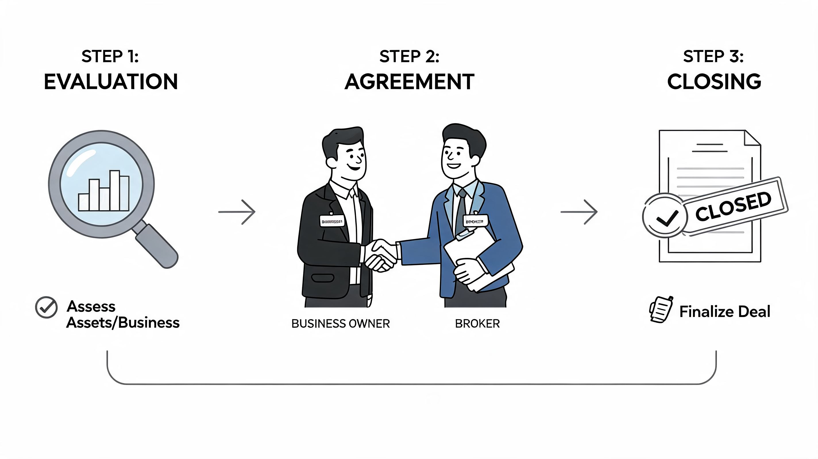A three-step business process illustration showing evaluation, agreement between owner and broker, and final deal closing.