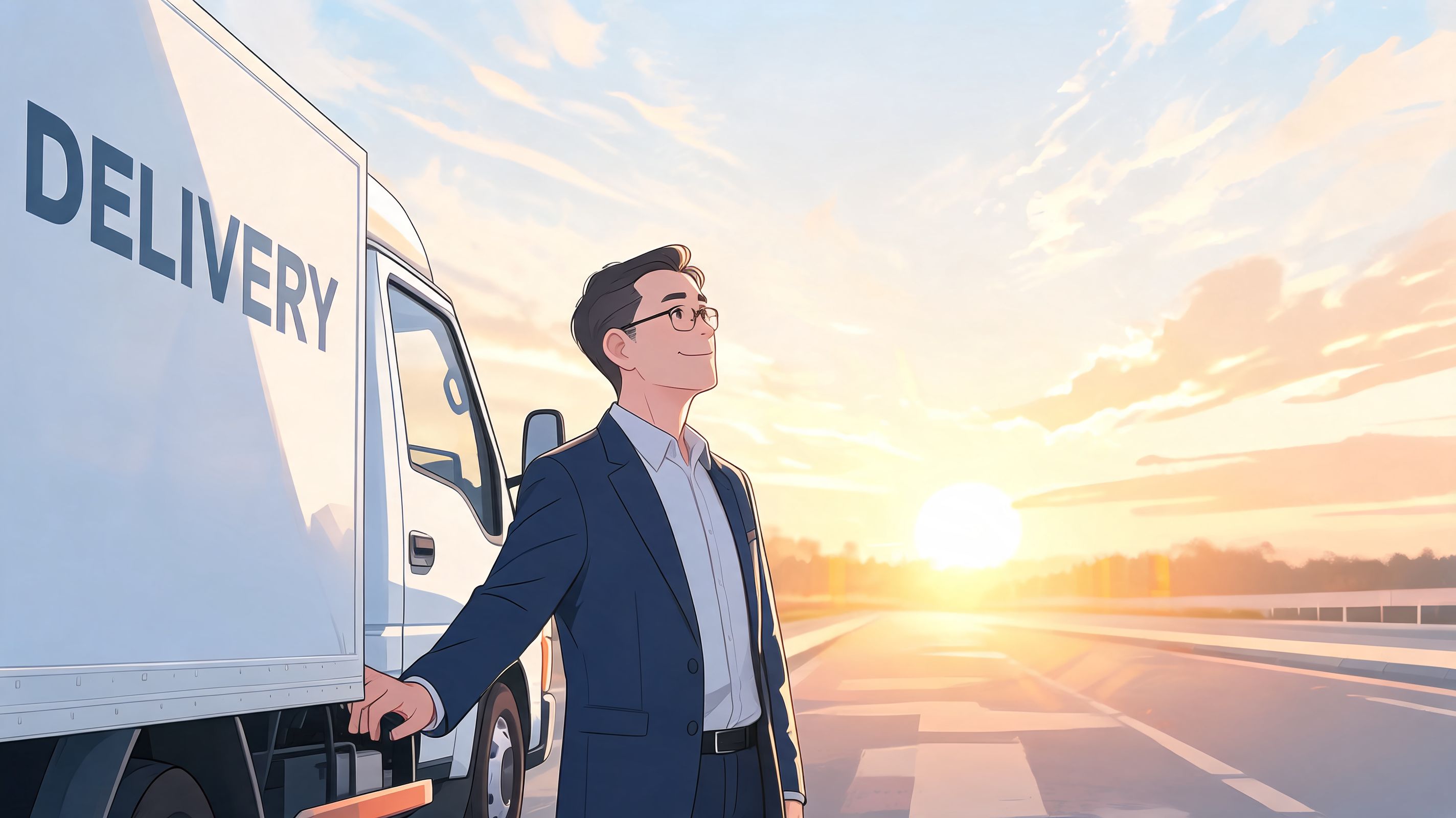 A professional delivery driver standing beside a delivery truck at sunrise on a quiet highway.
