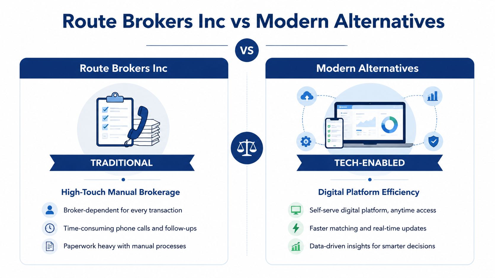 A comparison chart showing traditional manual route broker services versus modern, efficient, tech-enabled digital platforms.
