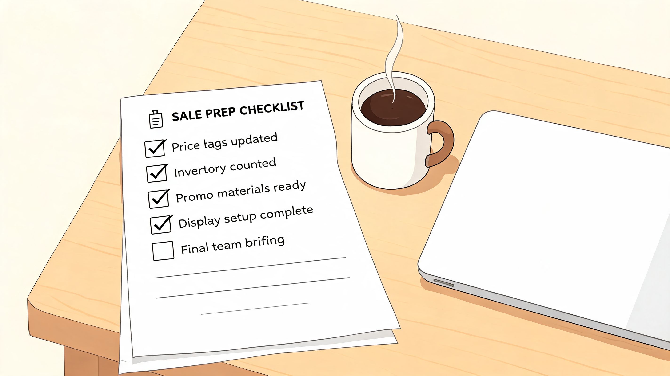 A checklist on a wooden desk next to a coffee mug and a laptop for sale prep.