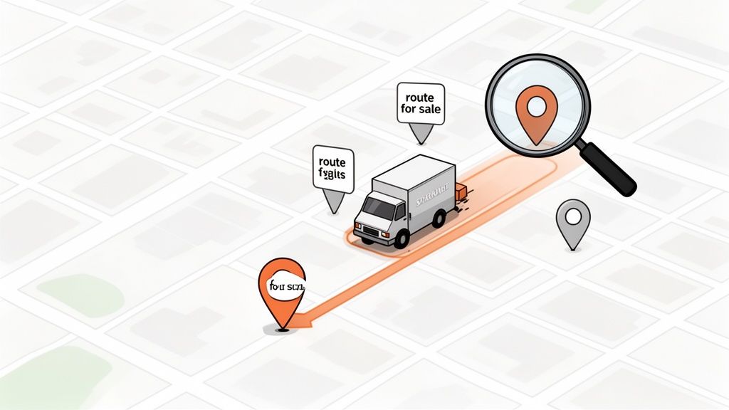 An isometric view of a map showing a delivery truck on a route with location pins and a magnifying glass.