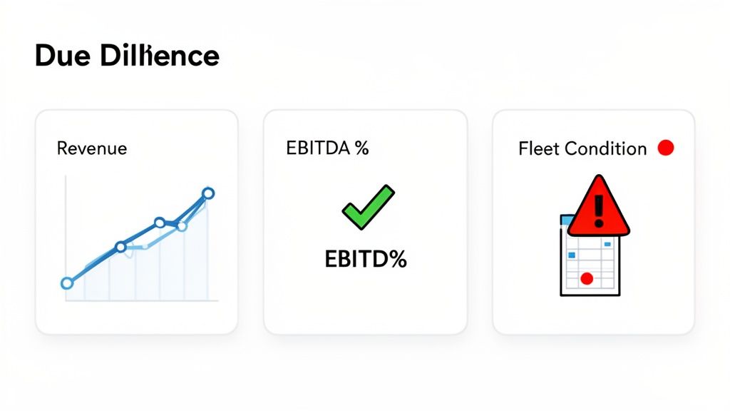 A due diligence dashboard showing revenue growth, positive EBITDA percentage, and a warning for fleet condition.