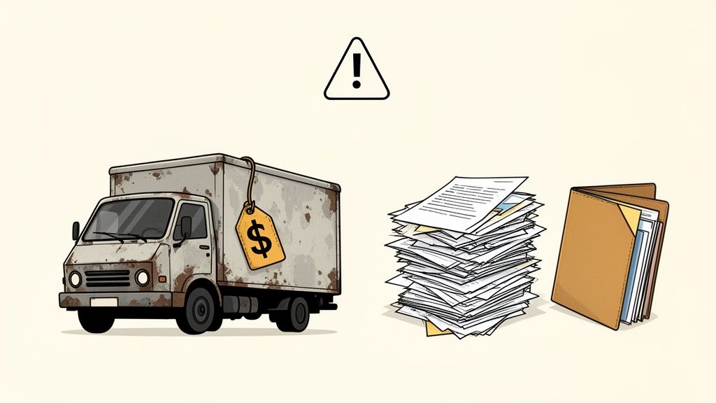 A rusty delivery truck with a price tag, a warning sign, a stack of papers, and a file folder.