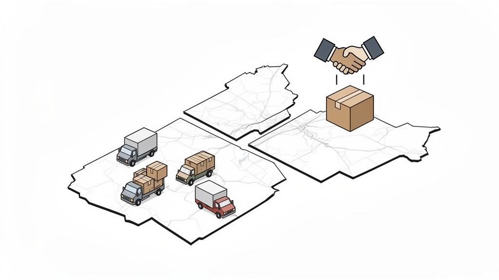 Illustration of logistics showing maps, delivery trucks, a package, and a handshake deal.