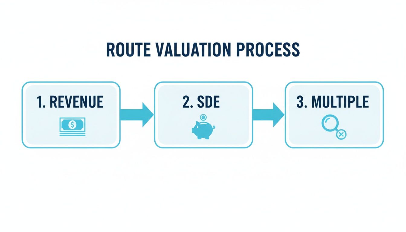 Diagram illustrating the Route Valuation Process with three steps: Revenue, SDE, and Multiple.