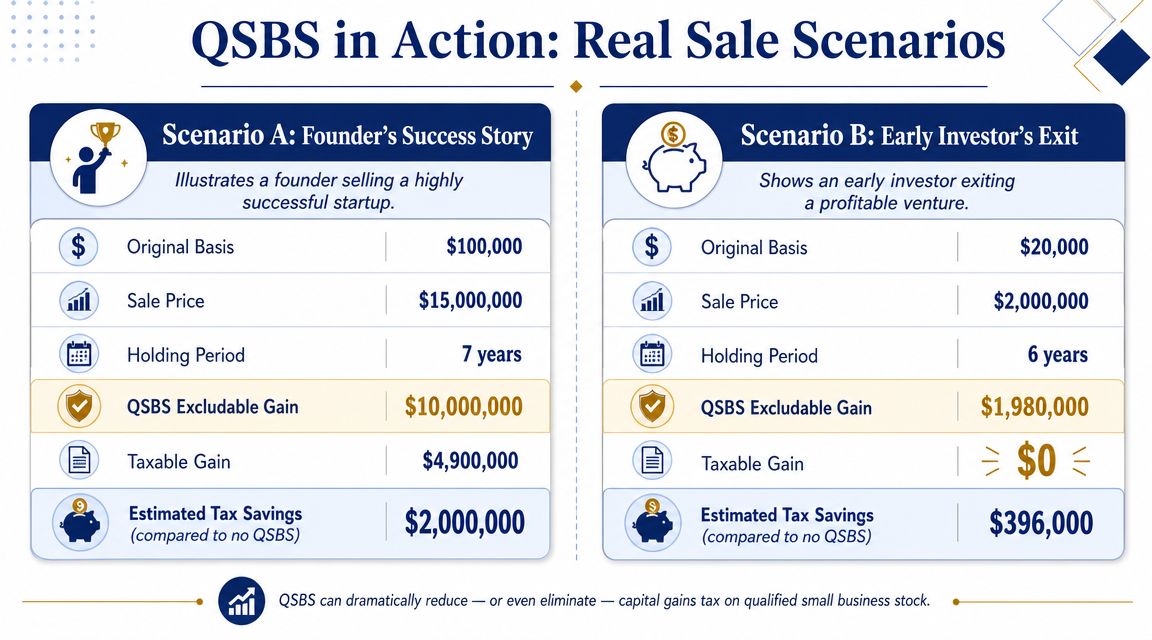 A comparison chart showing how Qualified Small Business Stock tax rules apply to startup founders and investors.