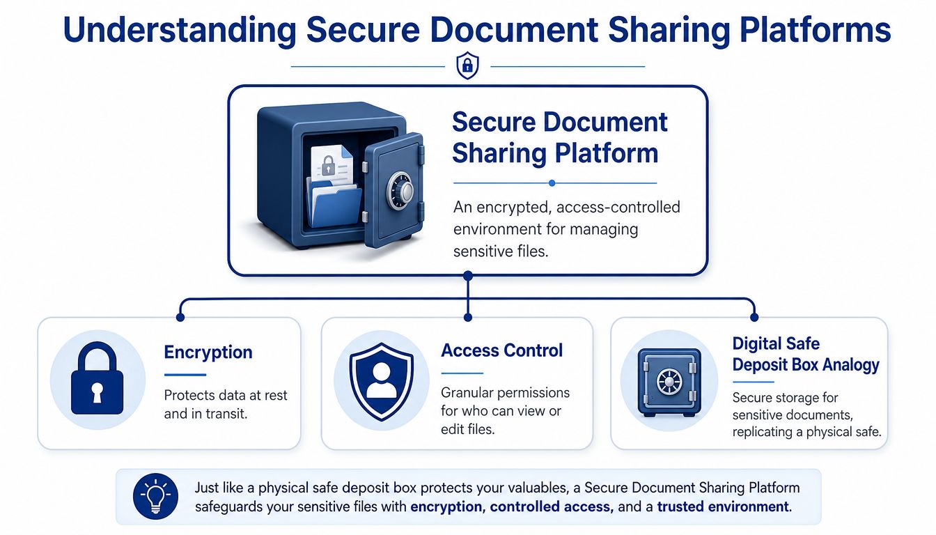 A diagram explaining secure document sharing platforms using encryption, access control, and a digital safe analogy.