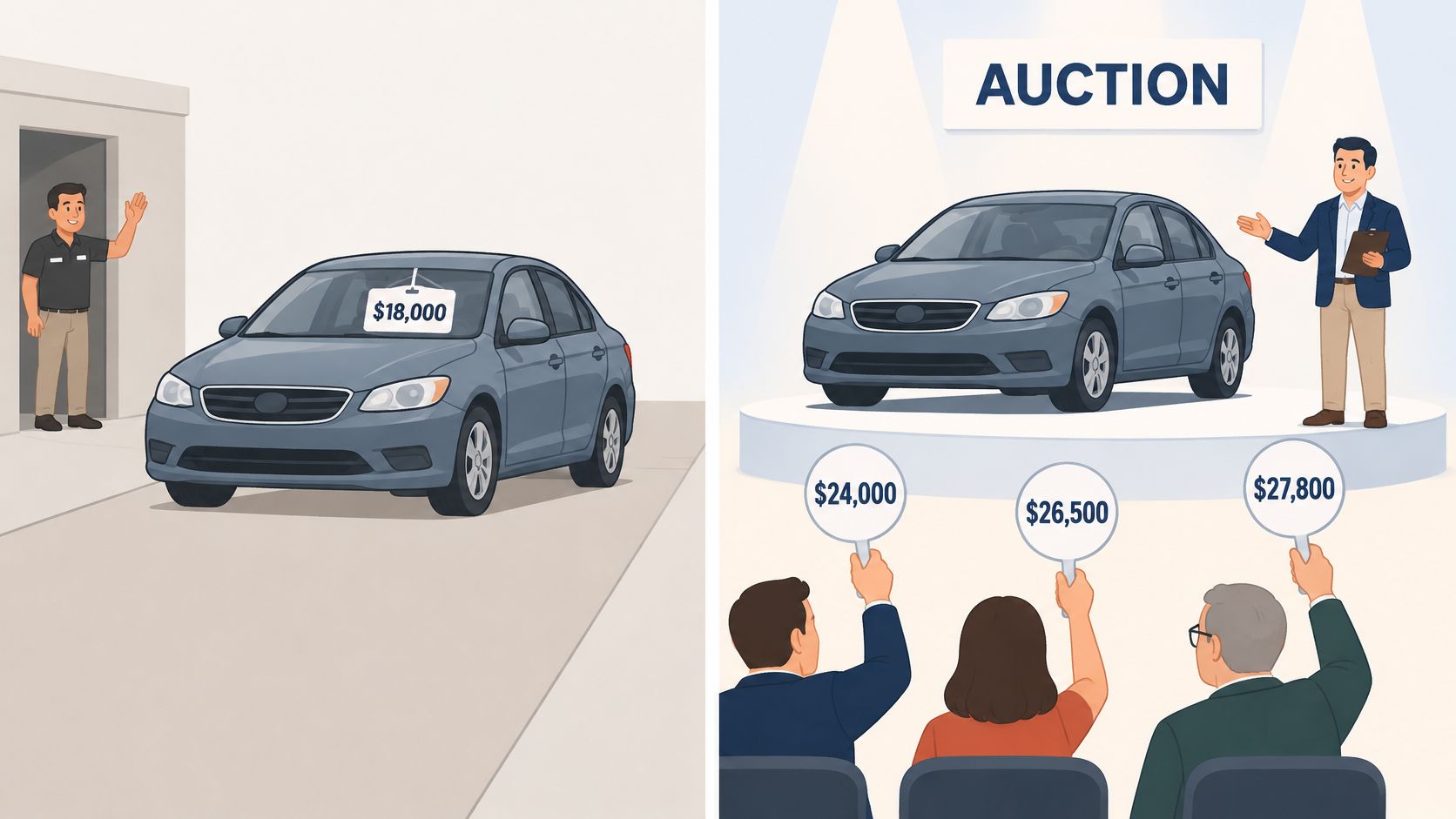 A side-by-side illustration comparing a direct car sale for $18,000 against a competitive car auction scenario.