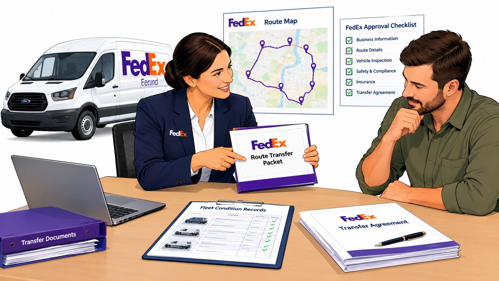 A professional business meeting where a FedEx representative discusses a route transfer packet with a prospective buyer.