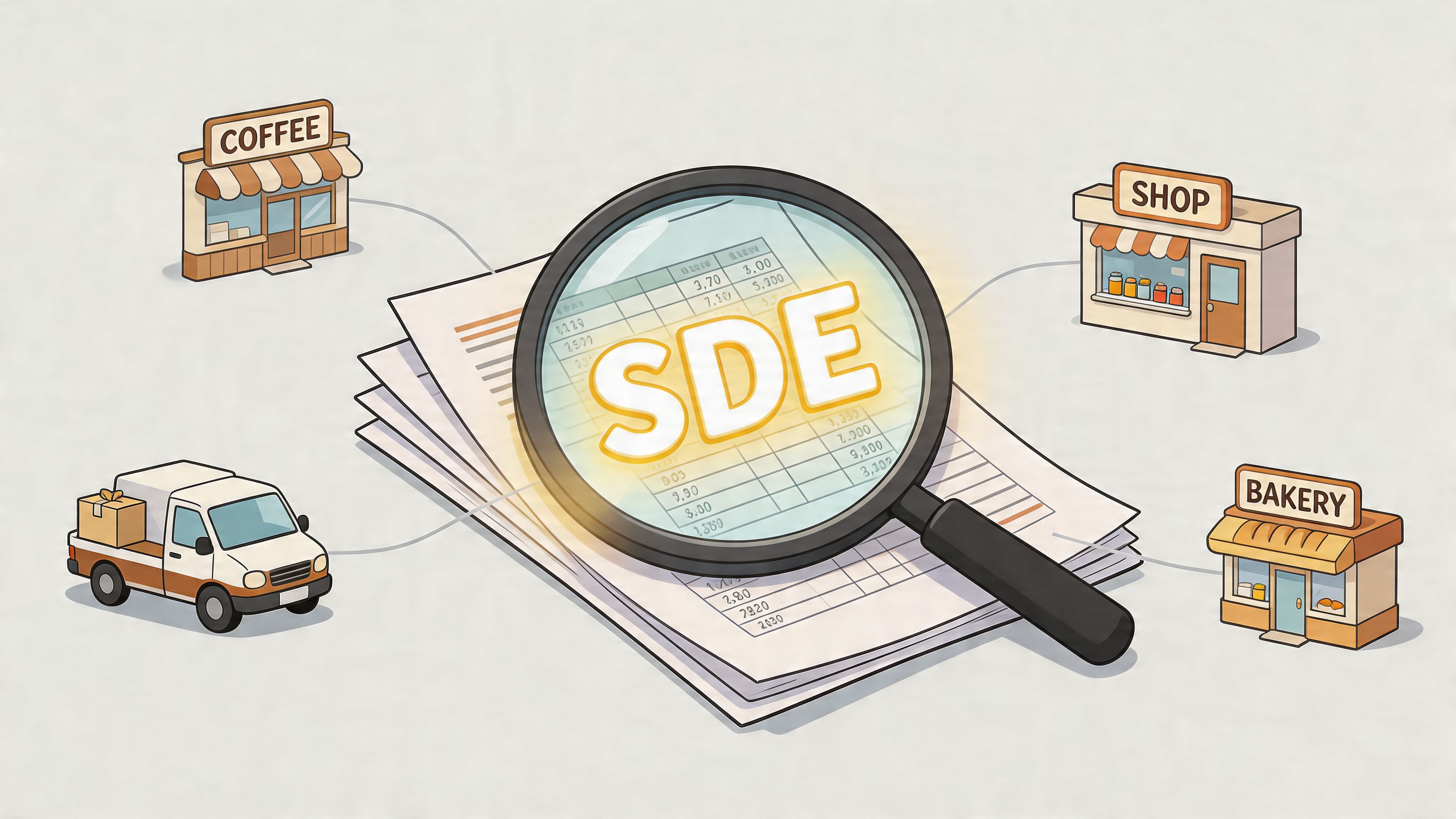 A magnifying glass inspecting financial documents showing seller discretionary earnings connected to small businesses and a delivery van.