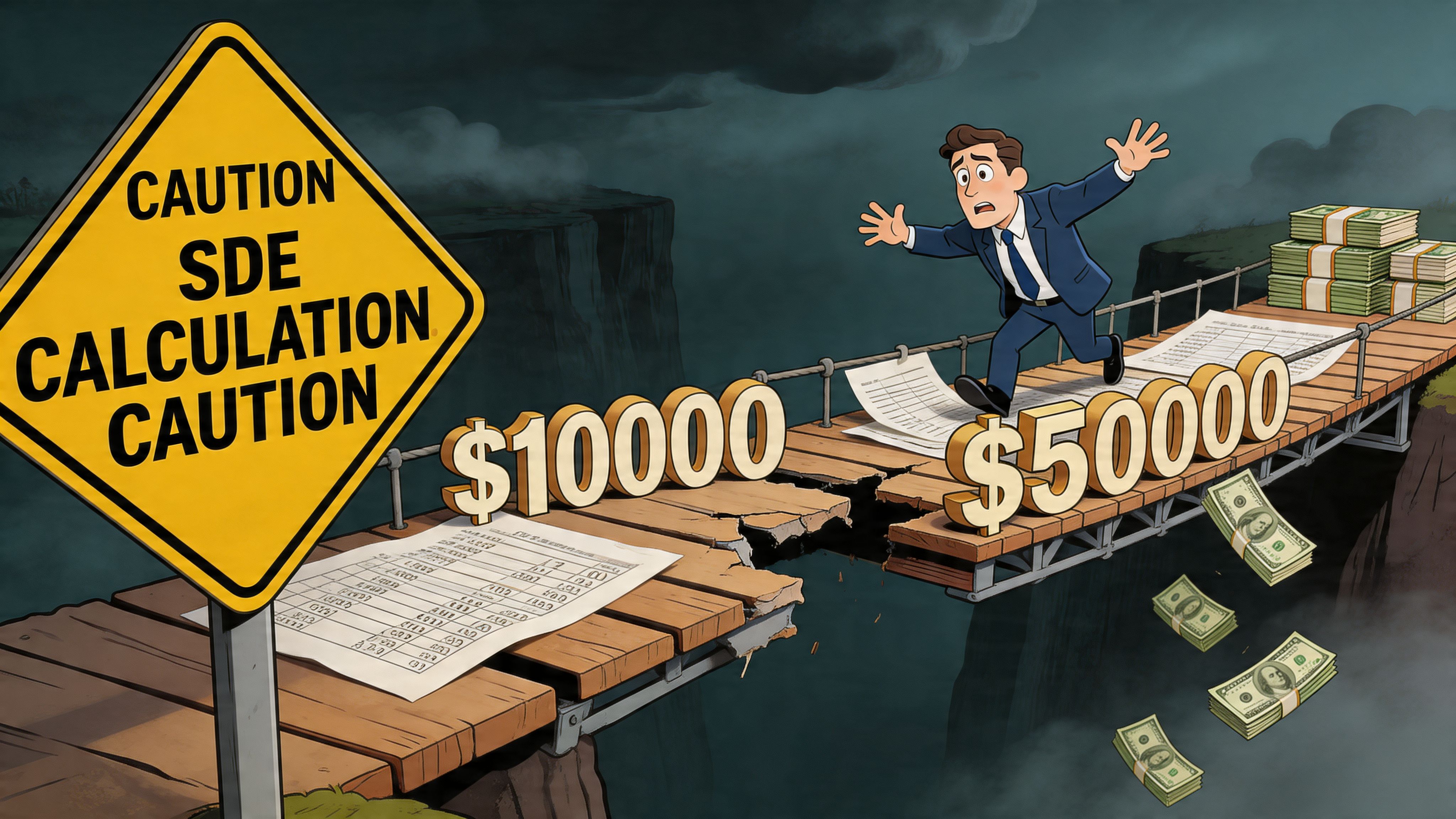 A businessman looking worried while walking across a broken wooden bridge labeled with financial calculations.