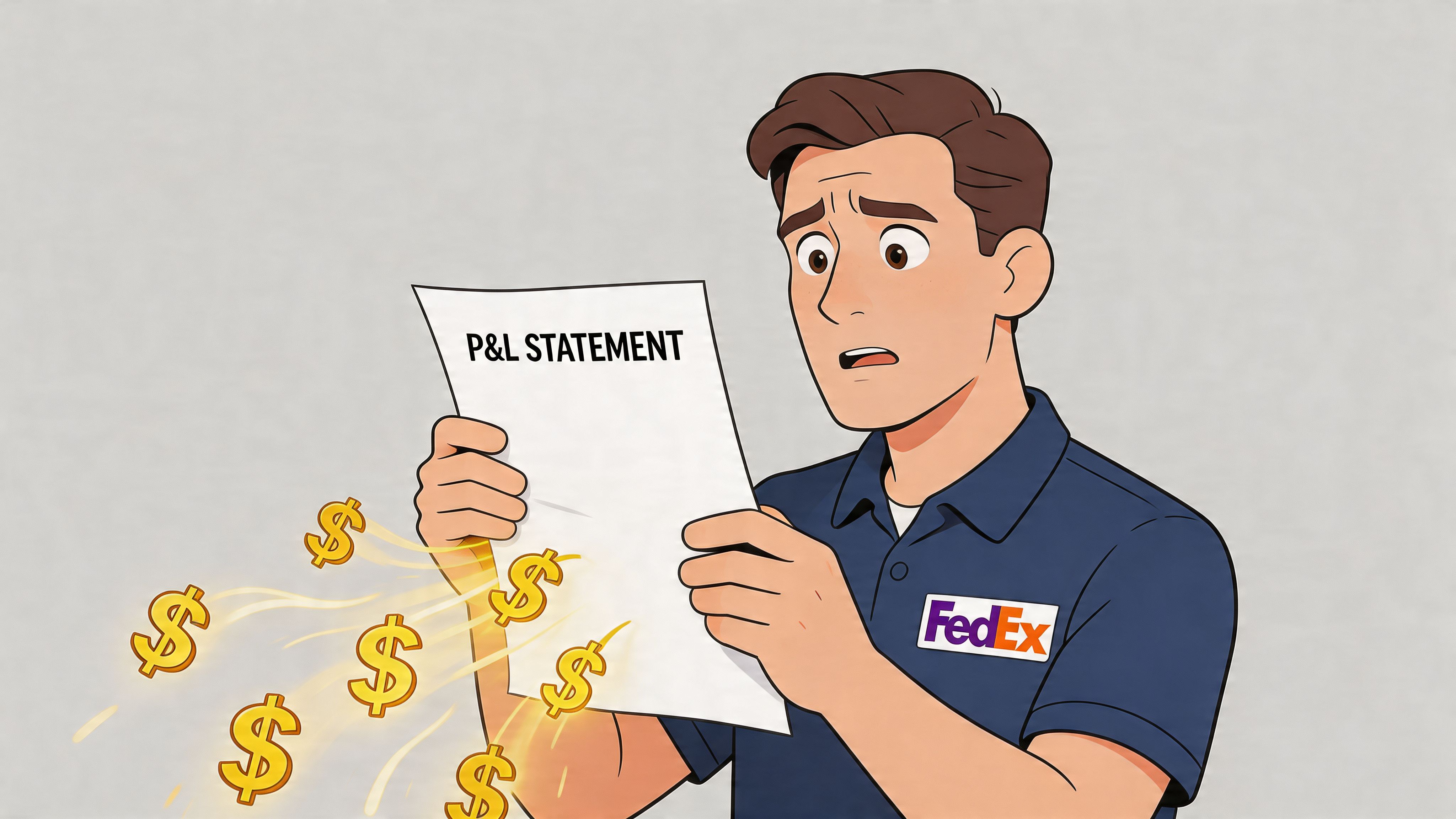 A concerned FedEx employee looking at a P&L statement with money symbols floating away from the paper.