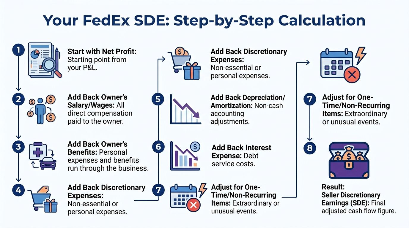 An infographic showing a step-by-step calculation process to determine Seller Discretionary Earnings for FedEx businesses.
