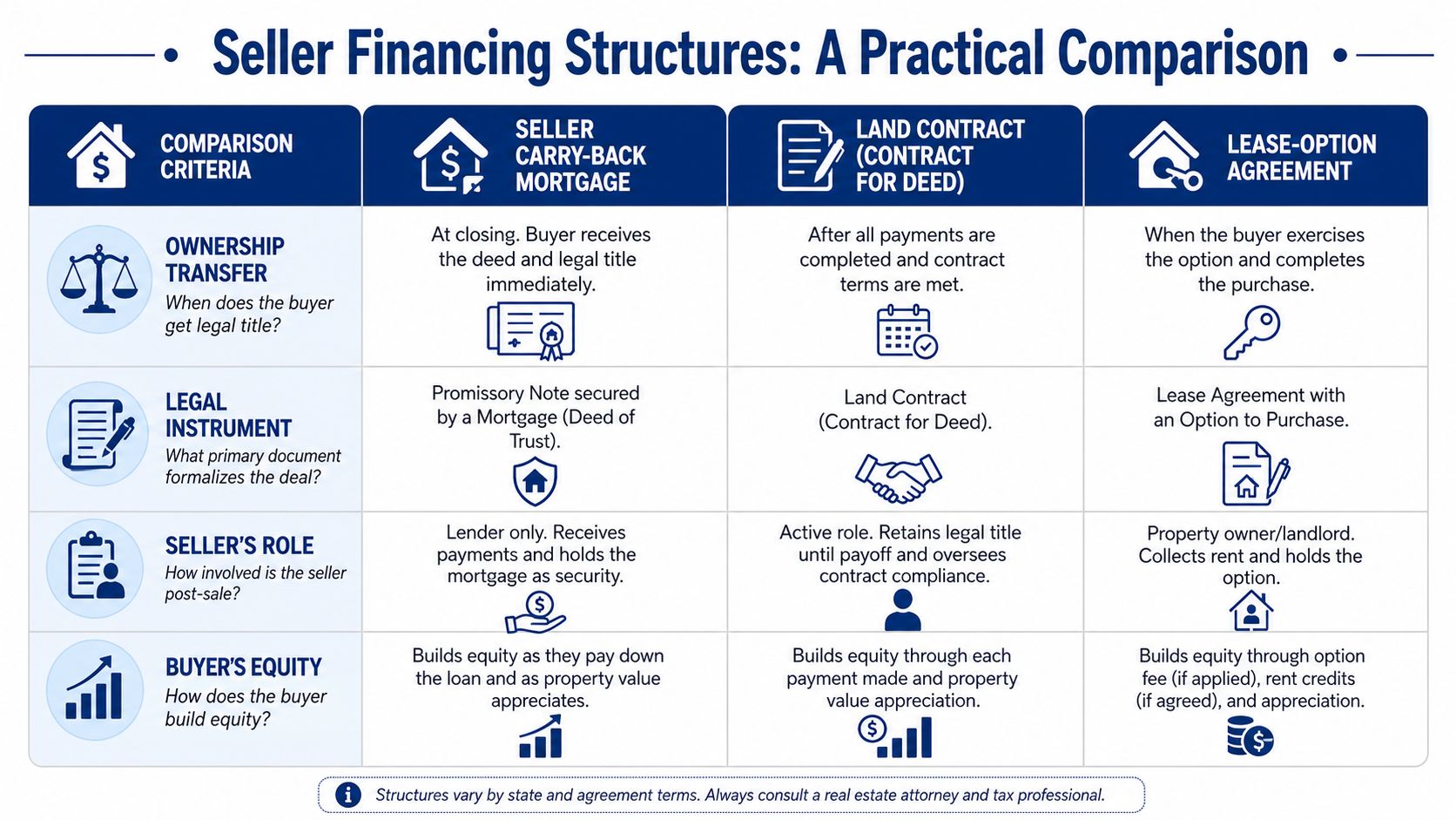 A comparison chart outlining the key differences between seller carry-back mortgages, land contracts, and lease-option agreements.