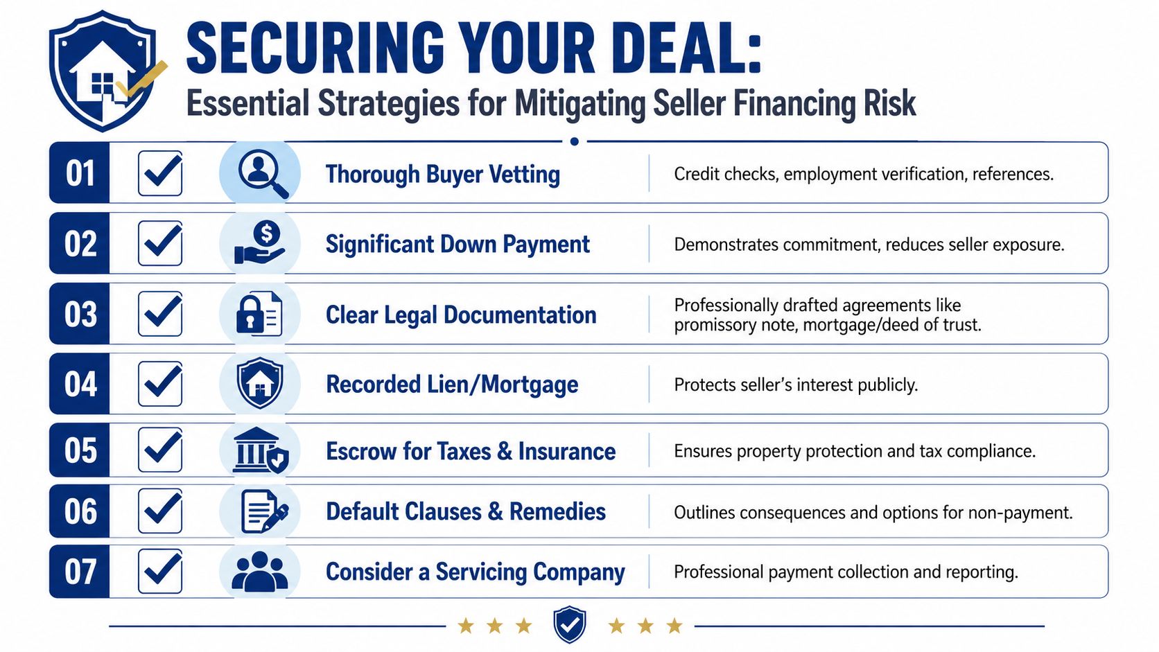 A list infographic titled Securing Your Deal outlining seven key strategies for mitigating seller financing risk.