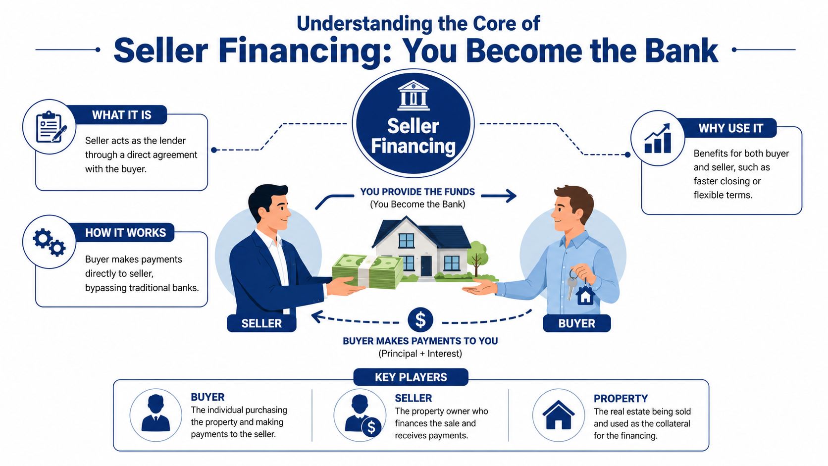 A diagram explaining seller financing where a seller provides funds directly to a buyer for a property.