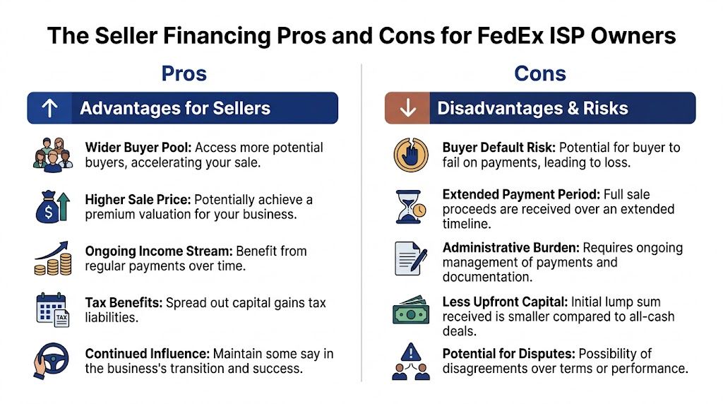A table outlining the benefits and risks of seller financing for FedEx ISP business owners.