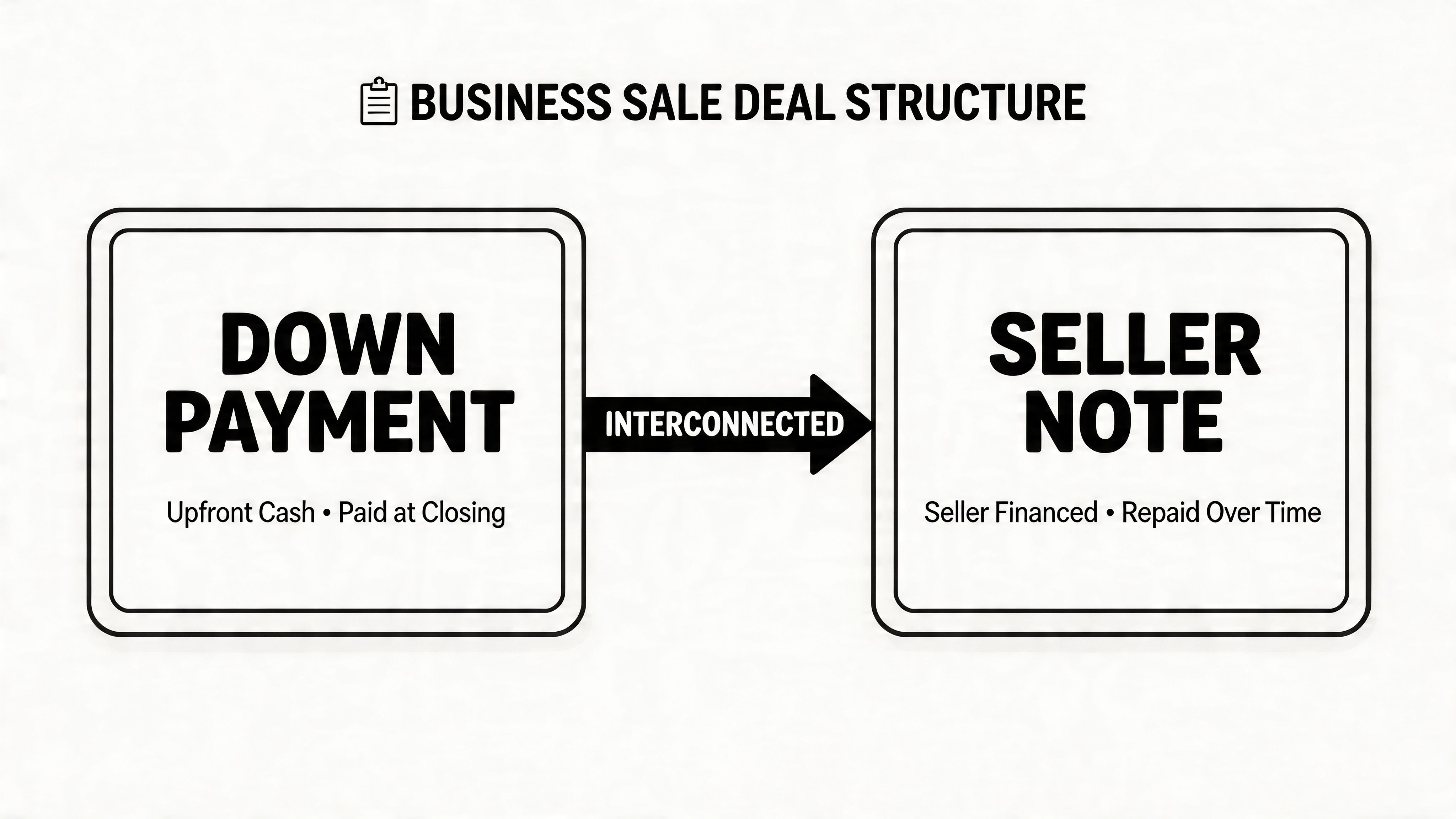 A diagram illustrating a business sale deal structure consisting of an upfront down payment and a seller note.