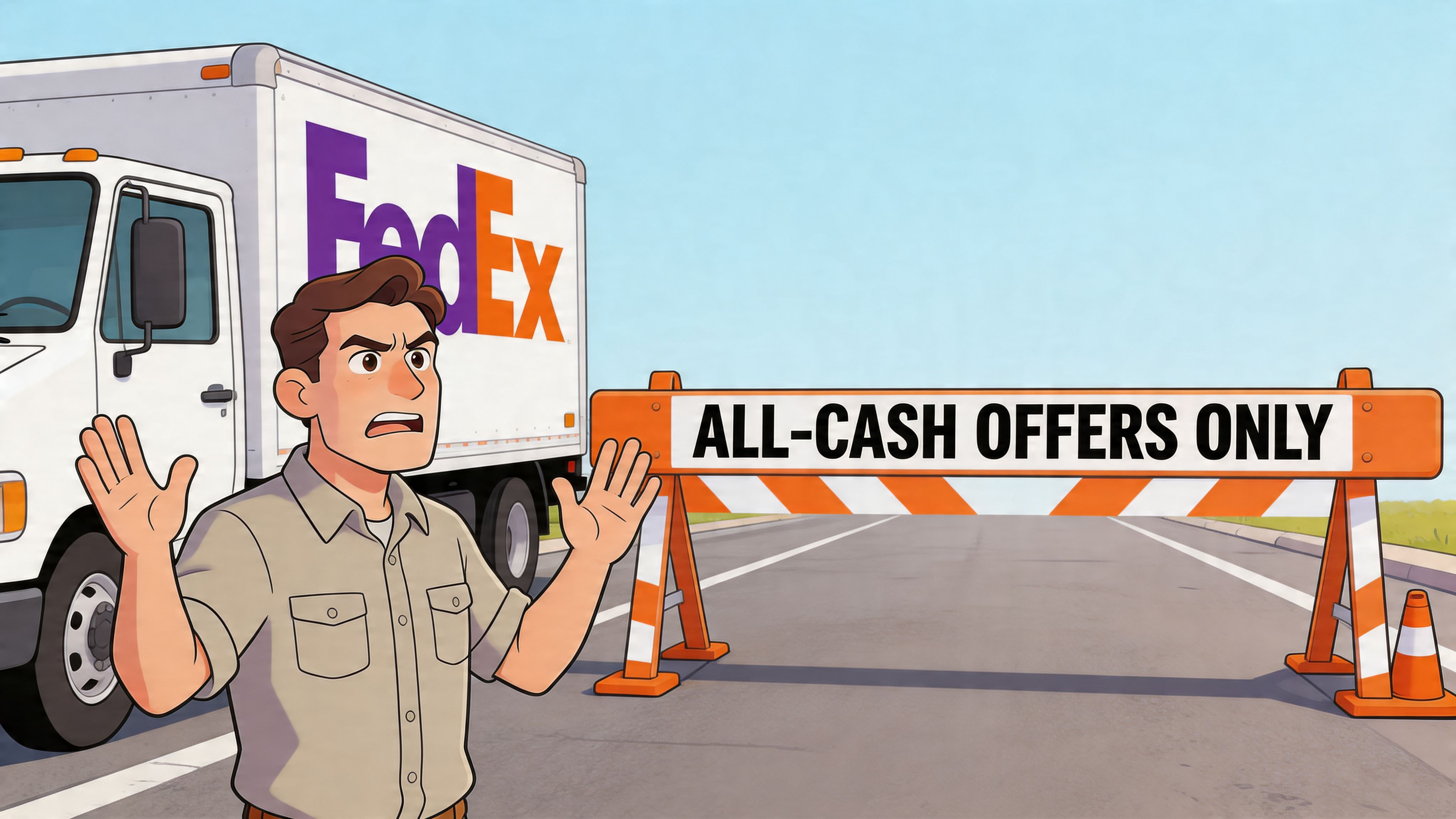A frustrated delivery driver stands in front of a road barrier with an all-cash offers only sign.