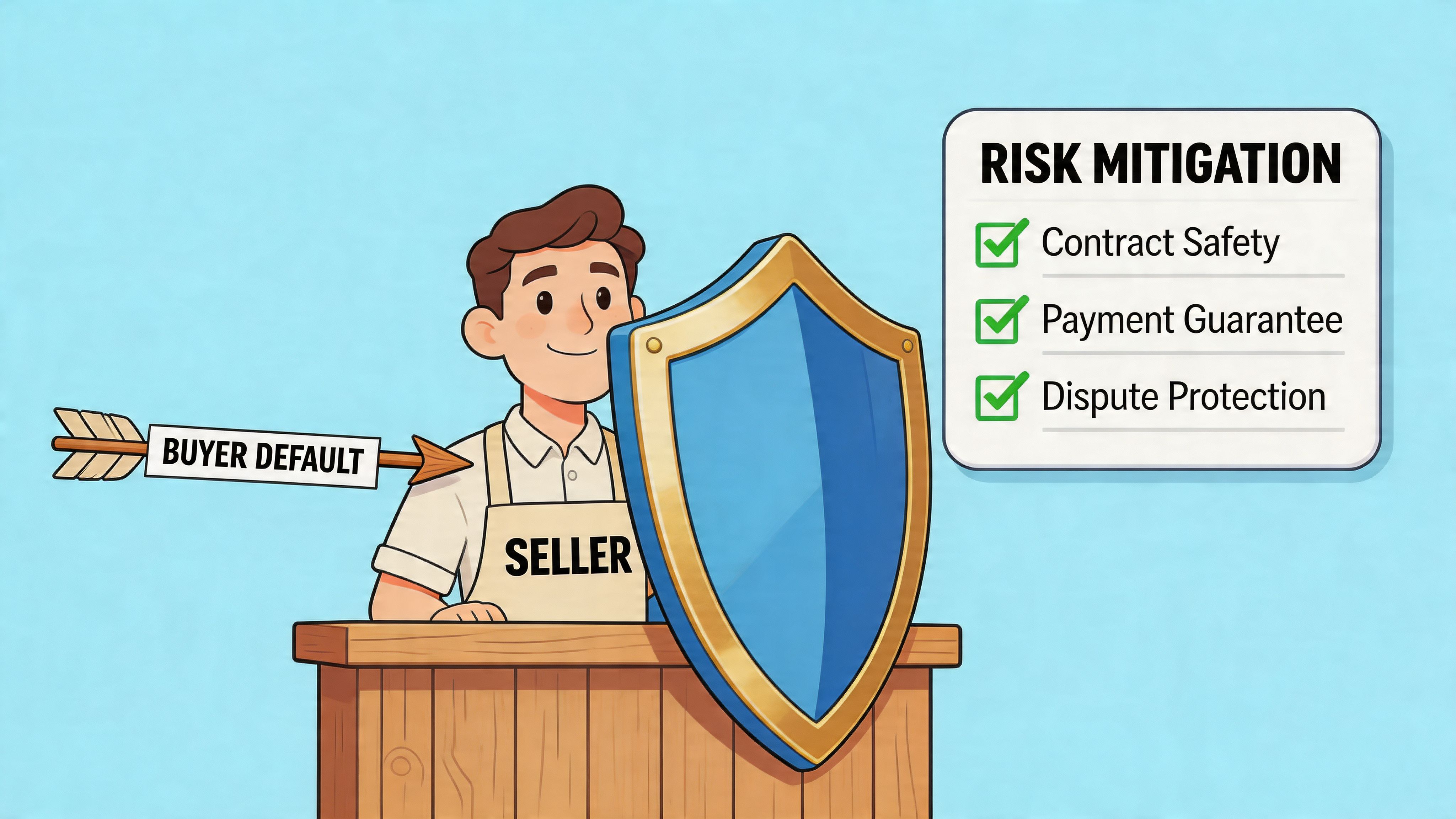 A cartoon seller protected by a shield from an arrow labeled buyer default with risk mitigation points.