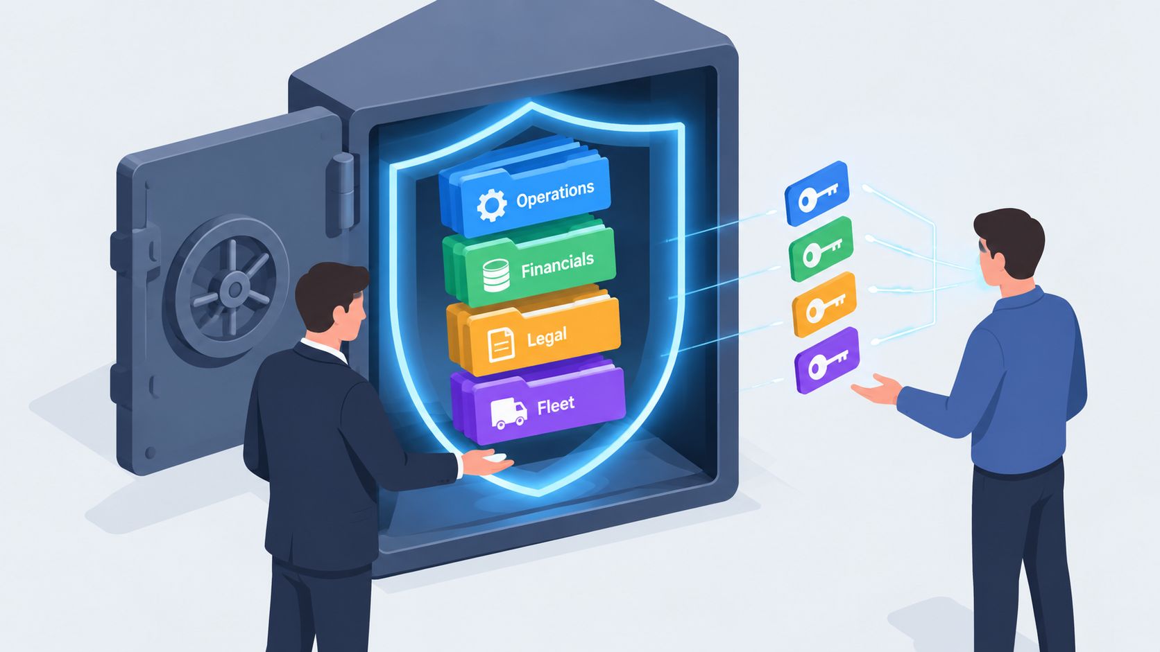 A professional illustration showing business data stored in a digital vault being accessed with secure keys.