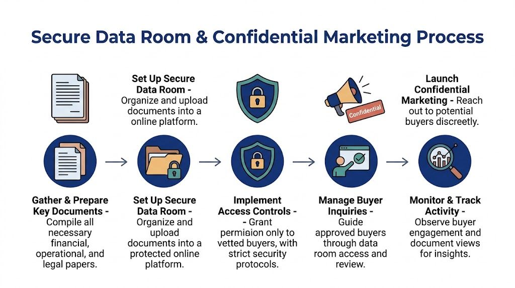 A flow chart illustrating the process of preparing a secure data room and confidential marketing for business sales.
