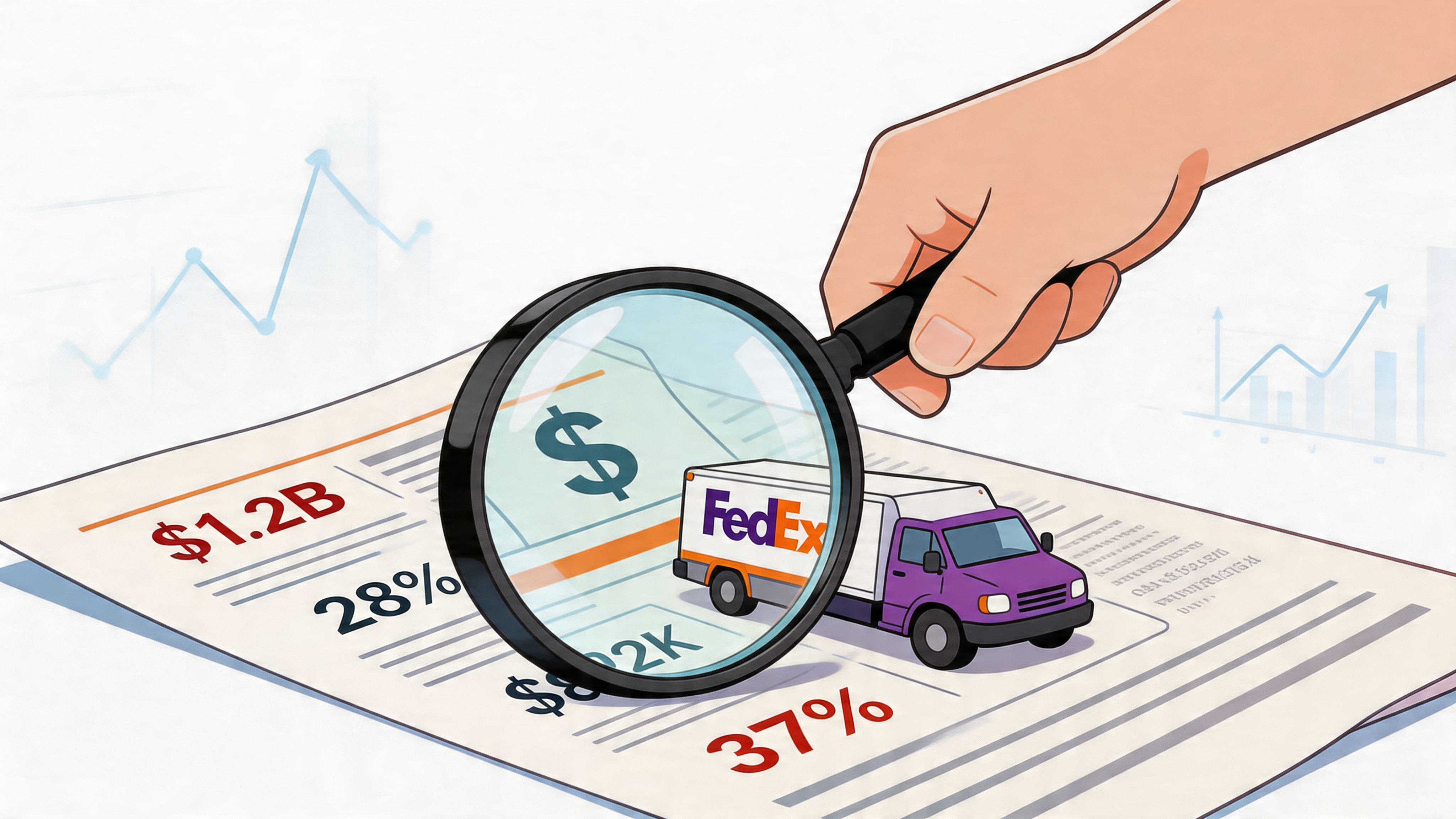 A hand holds a magnifying glass over a document featuring FedEx branding and financial growth data.
