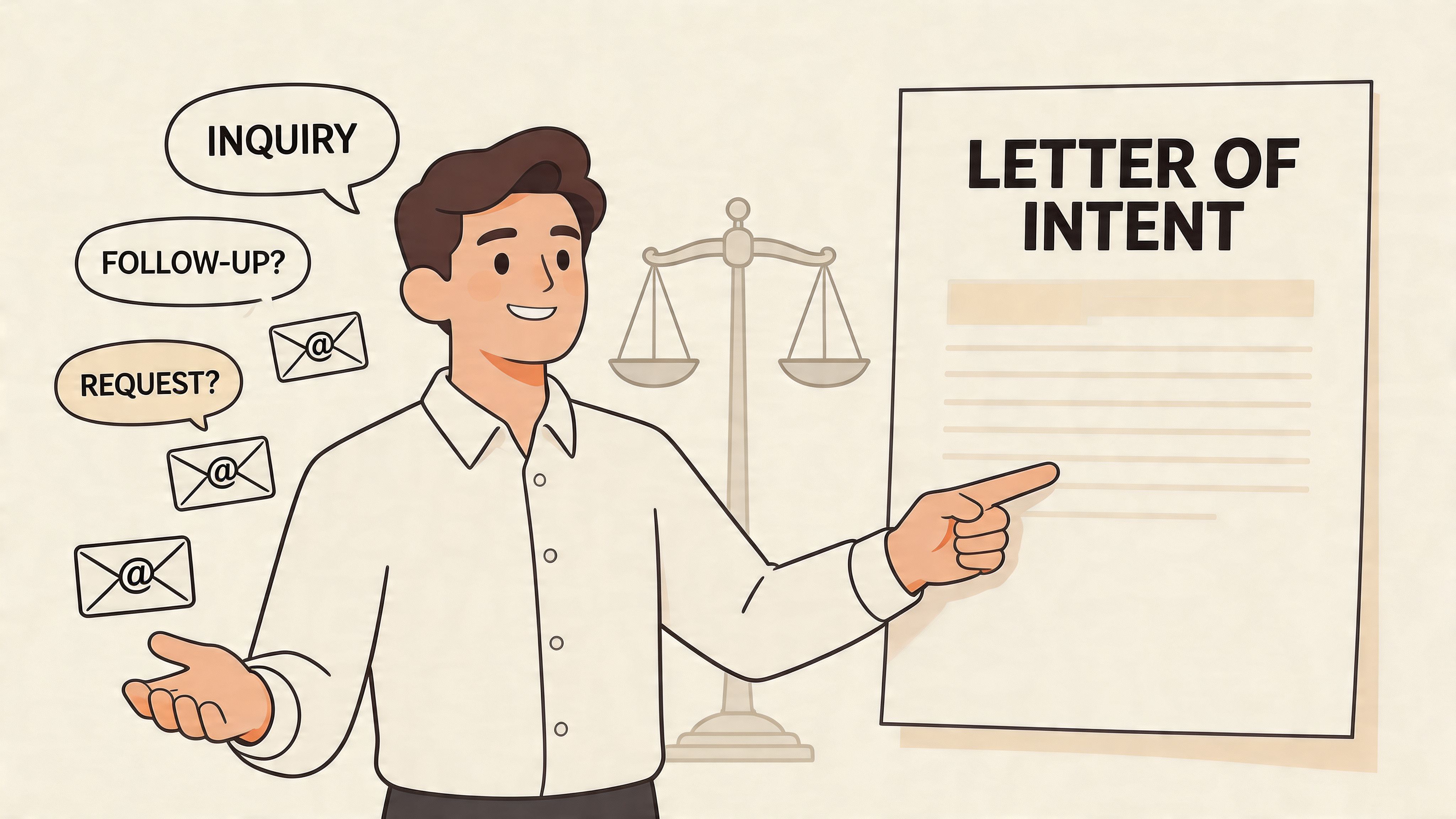 A professional man gesturing towards a letter of intent document with various digital email icons nearby.