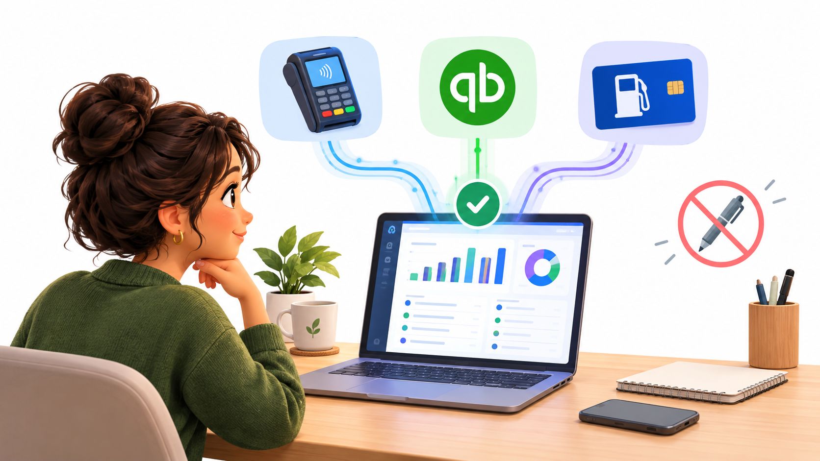 A woman looks at her laptop displaying a financial dashboard connected to payment and accounting software tools.