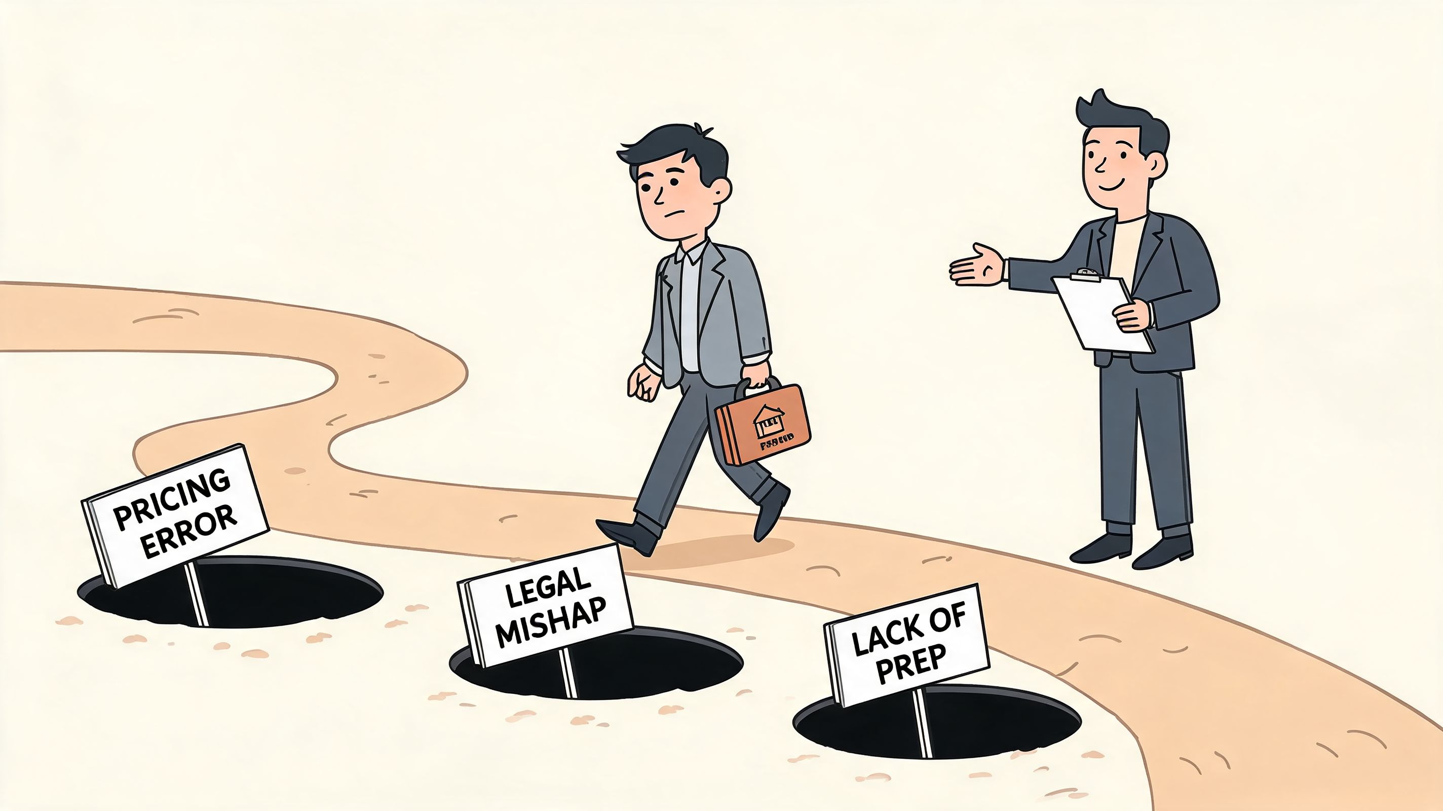 A business owner walking cautiously past pits labeled with common pitfalls like pricing errors and legal mishaps.