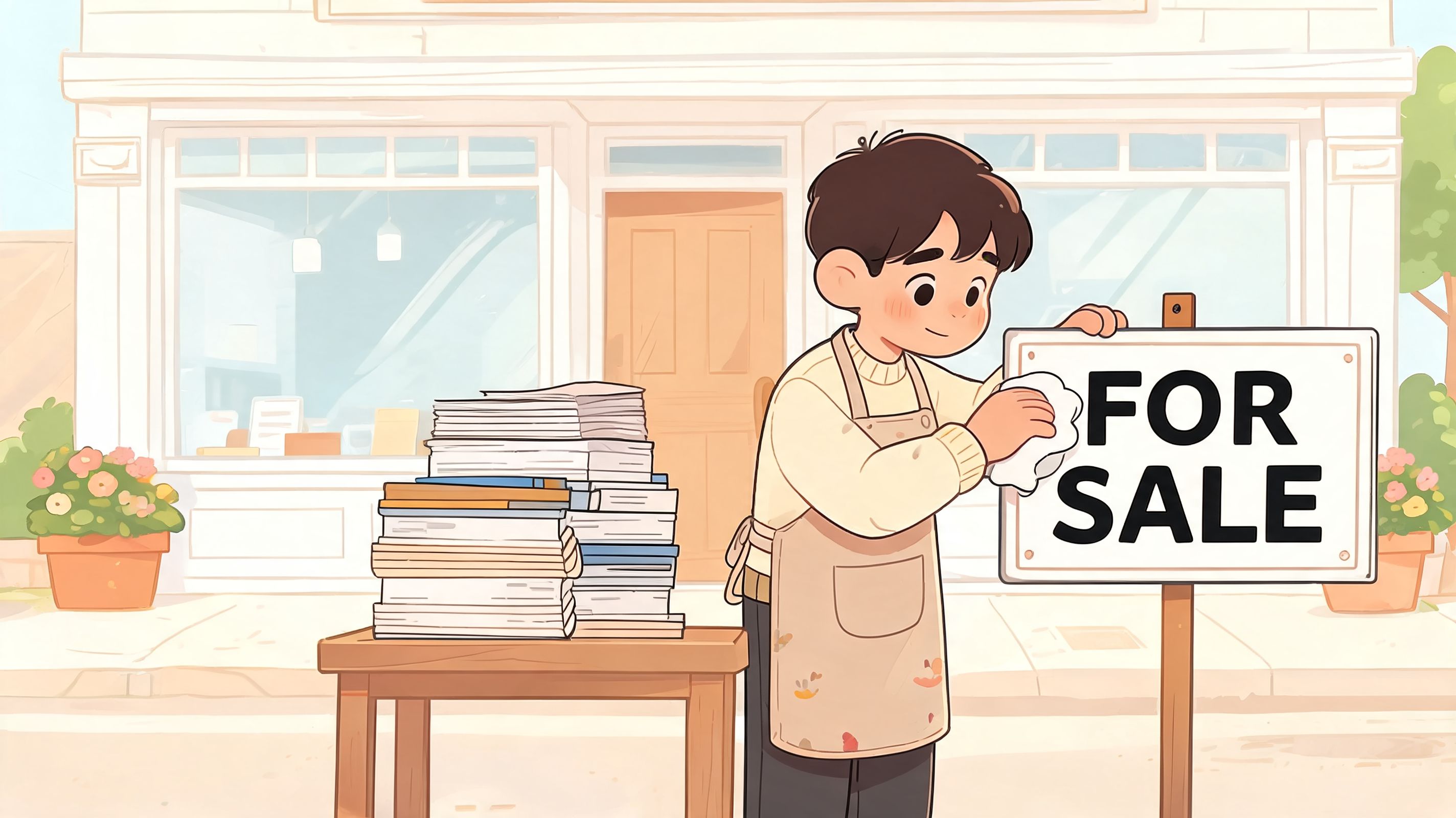A young shopkeeper in an apron cleans a for sale sign outside his cozy storefront shop.