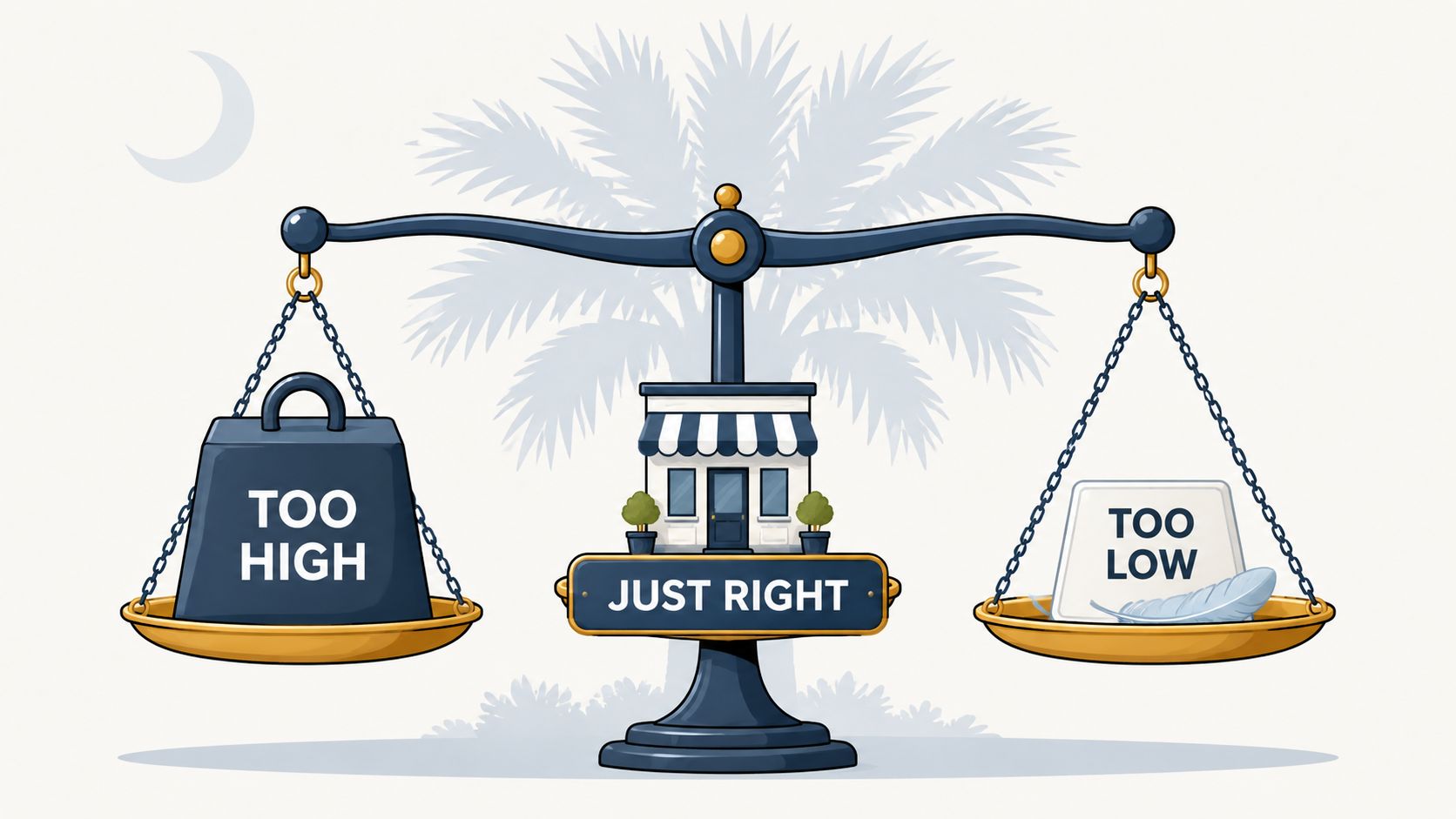 A conceptual illustration of a business balance scale showing pricing levels of too high, too low, and just right.