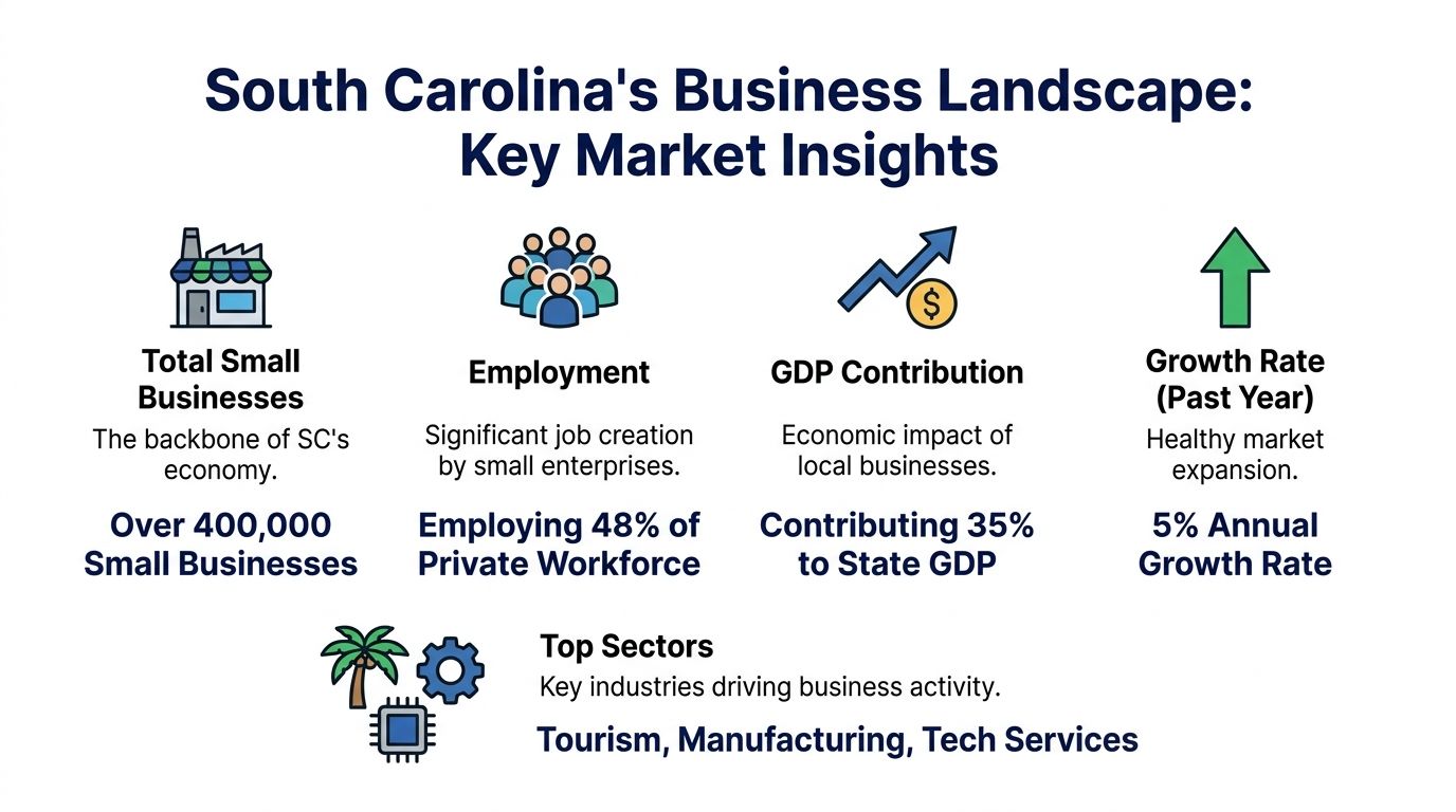 An infographic showing South Carolina's business landscape, including small business counts, employment, GDP contribution, and industry sectors.