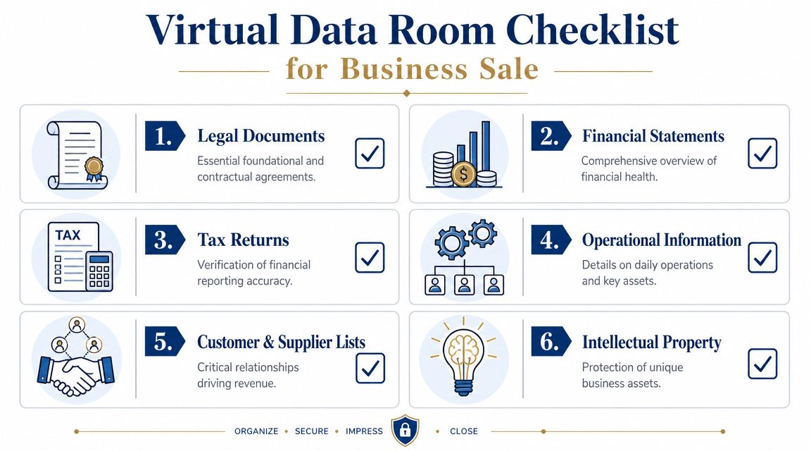 A structured checklist for a virtual data room when preparing a business for sale.