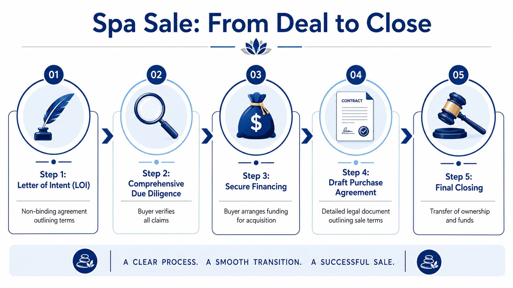 A flowchart showing the five steps of a spa sale process from deal to final closing.
